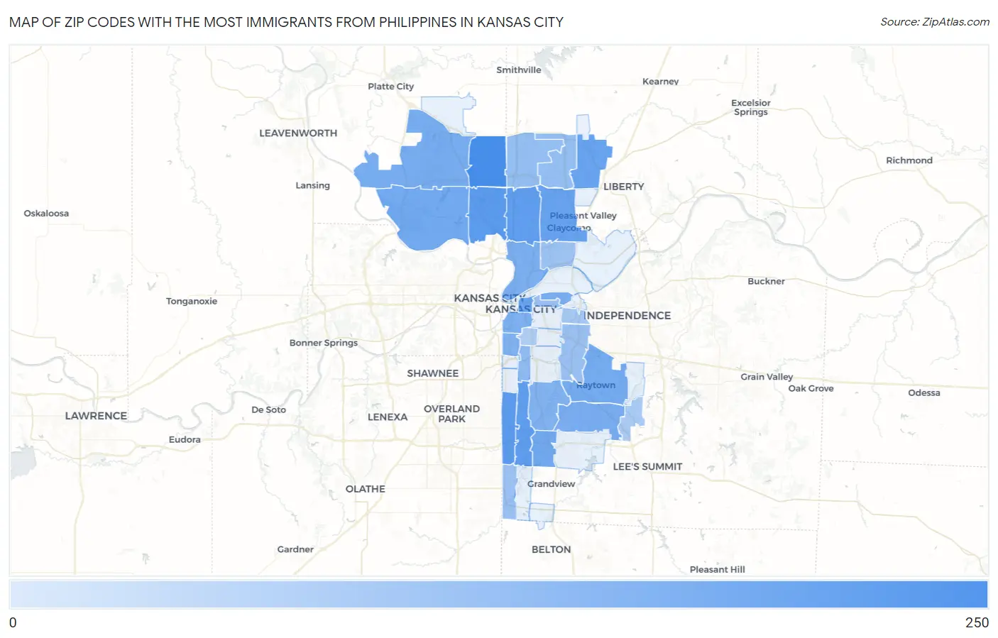 Zip Codes with the Most Immigrants from Philippines in Kansas City Map