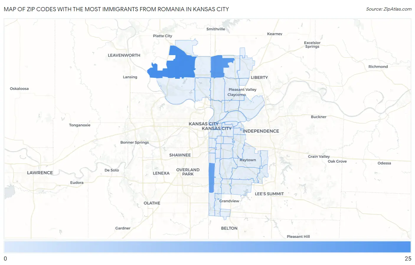 Zip Codes with the Most Immigrants from Romania in Kansas City Map