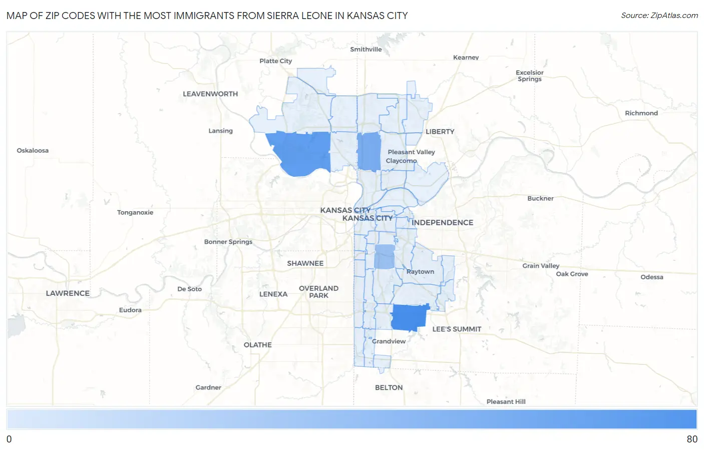 Zip Codes with the Most Immigrants from Sierra Leone in Kansas City Map