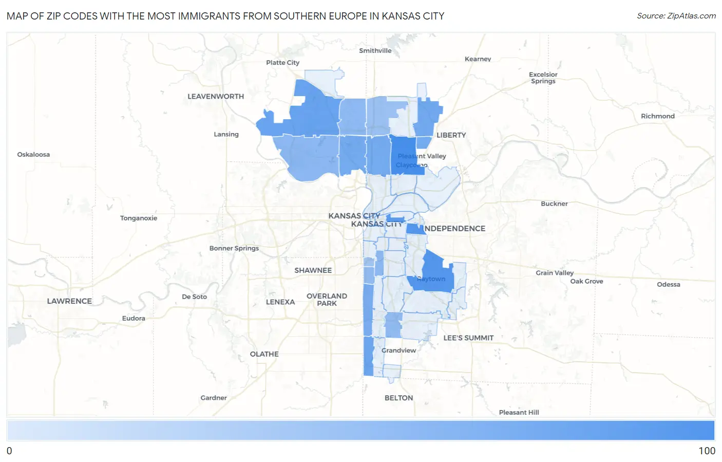 Zip Codes with the Most Immigrants from Southern Europe in Kansas City Map