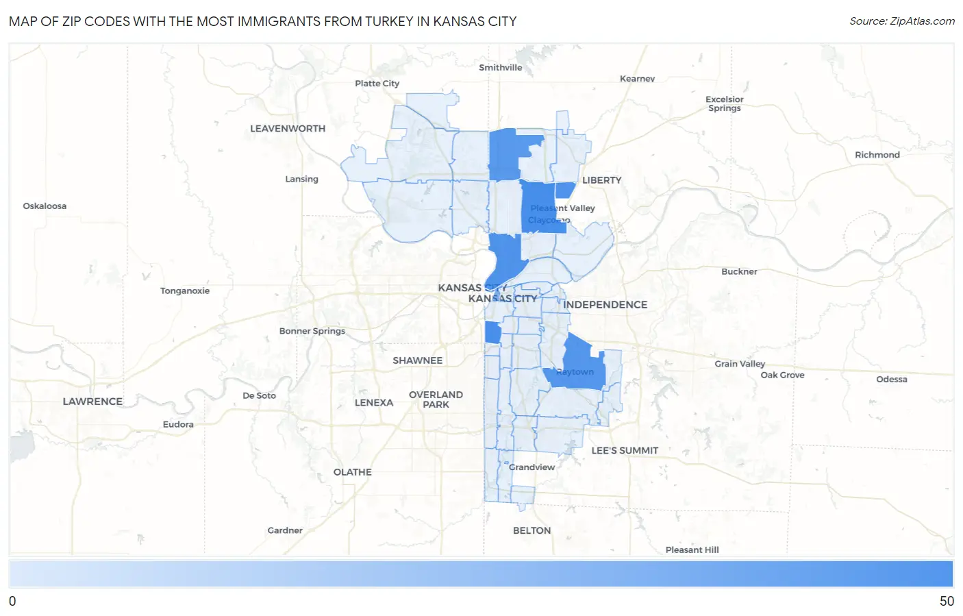 Zip Codes with the Most Immigrants from Turkey in Kansas City Map