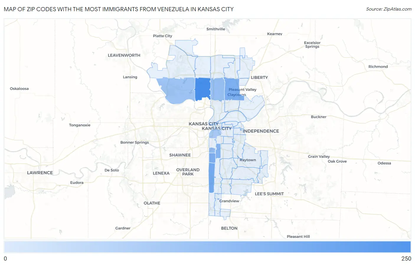 Zip Codes with the Most Immigrants from Venezuela in Kansas City Map