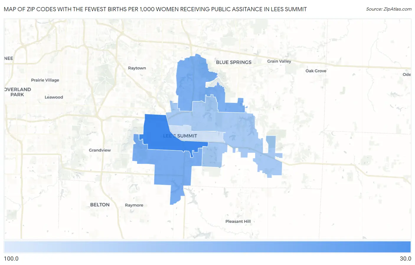 Zip Codes with the Fewest Births per 1,000 Women Receiving Public Assitance in Lees Summit Map