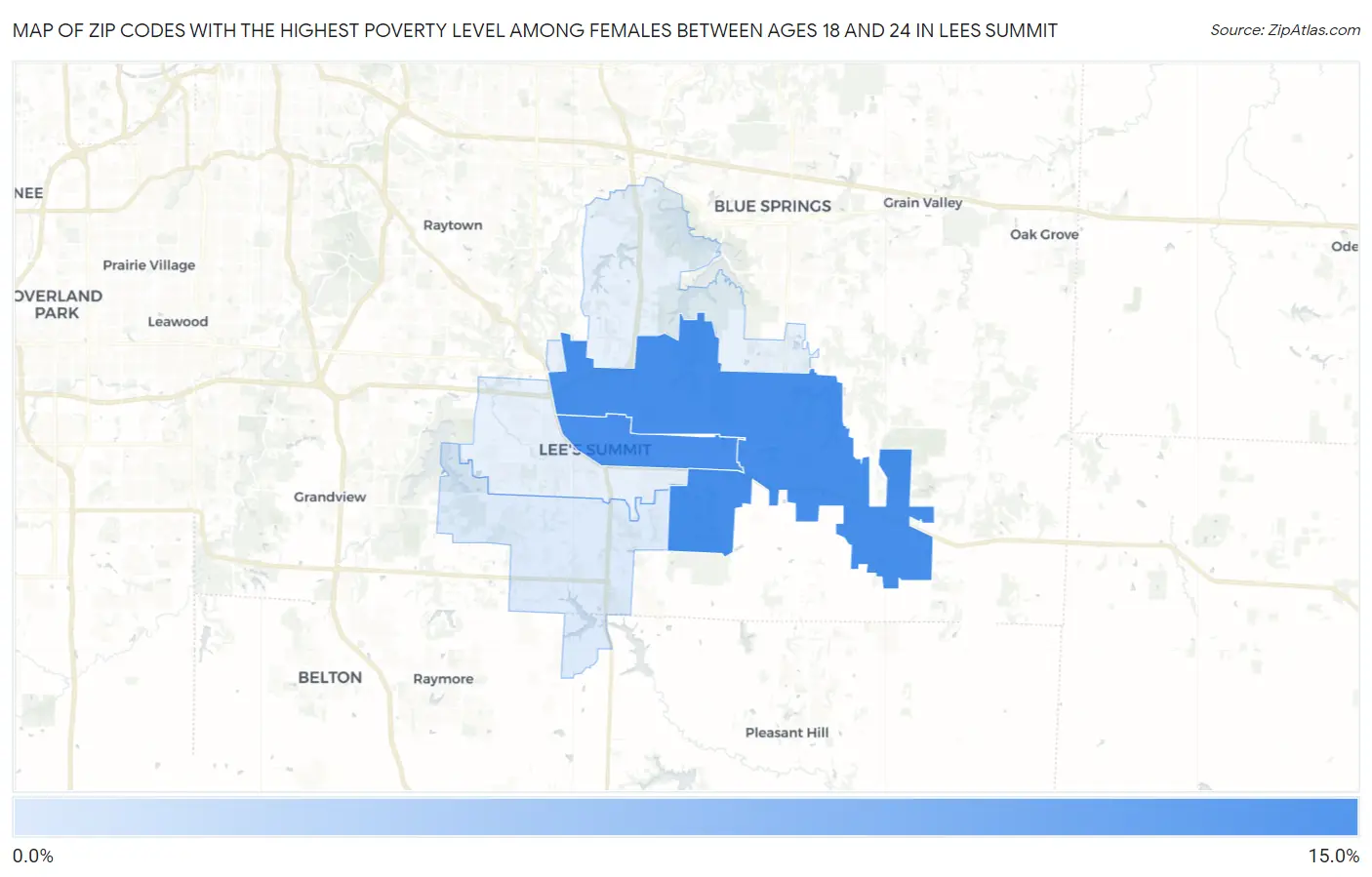 Zip Codes with the Highest Poverty Level Among Females Between Ages 18 and 24 in Lees Summit Map