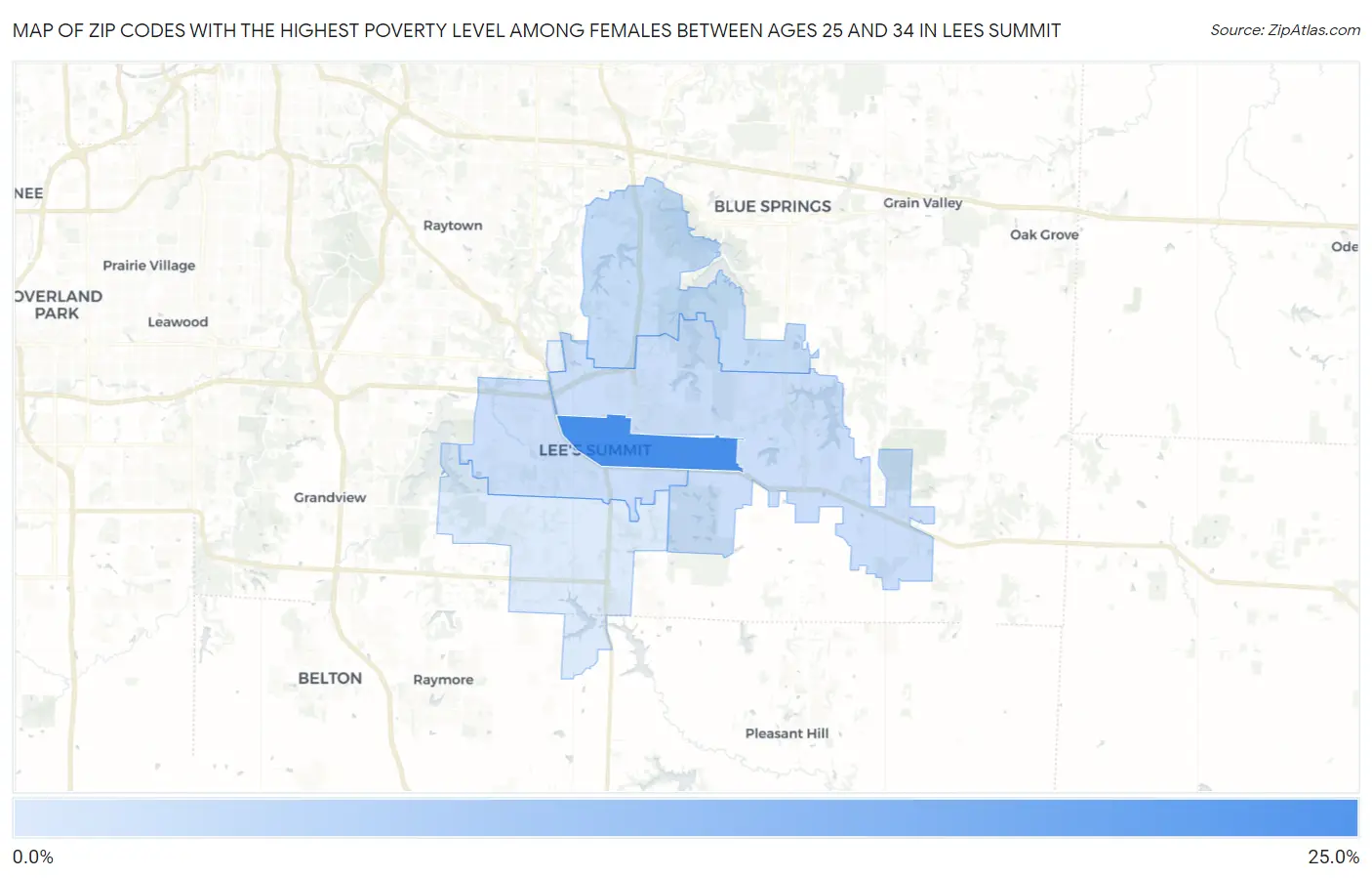 Zip Codes with the Highest Poverty Level Among Females Between Ages 25 and 34 in Lees Summit Map
