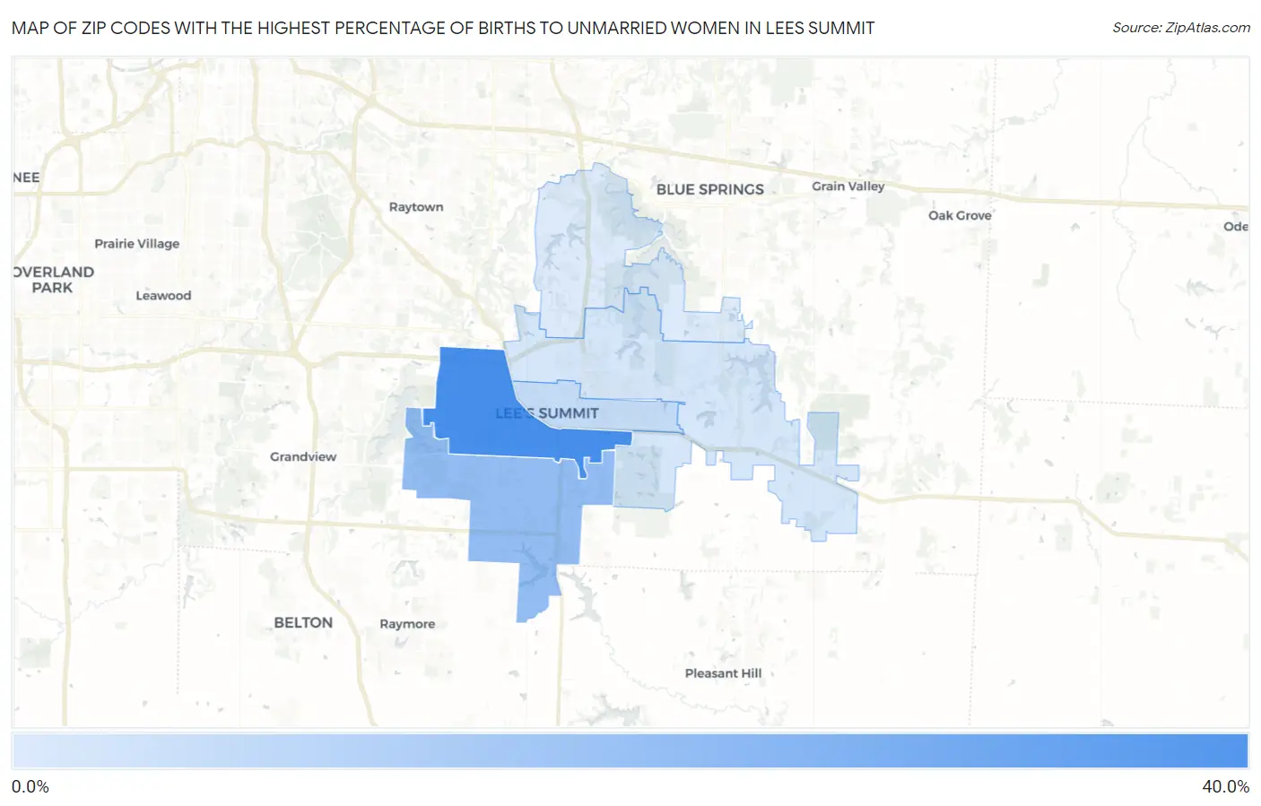 Zip Codes with the Highest Percentage of Births to Unmarried Women in Lees Summit Map