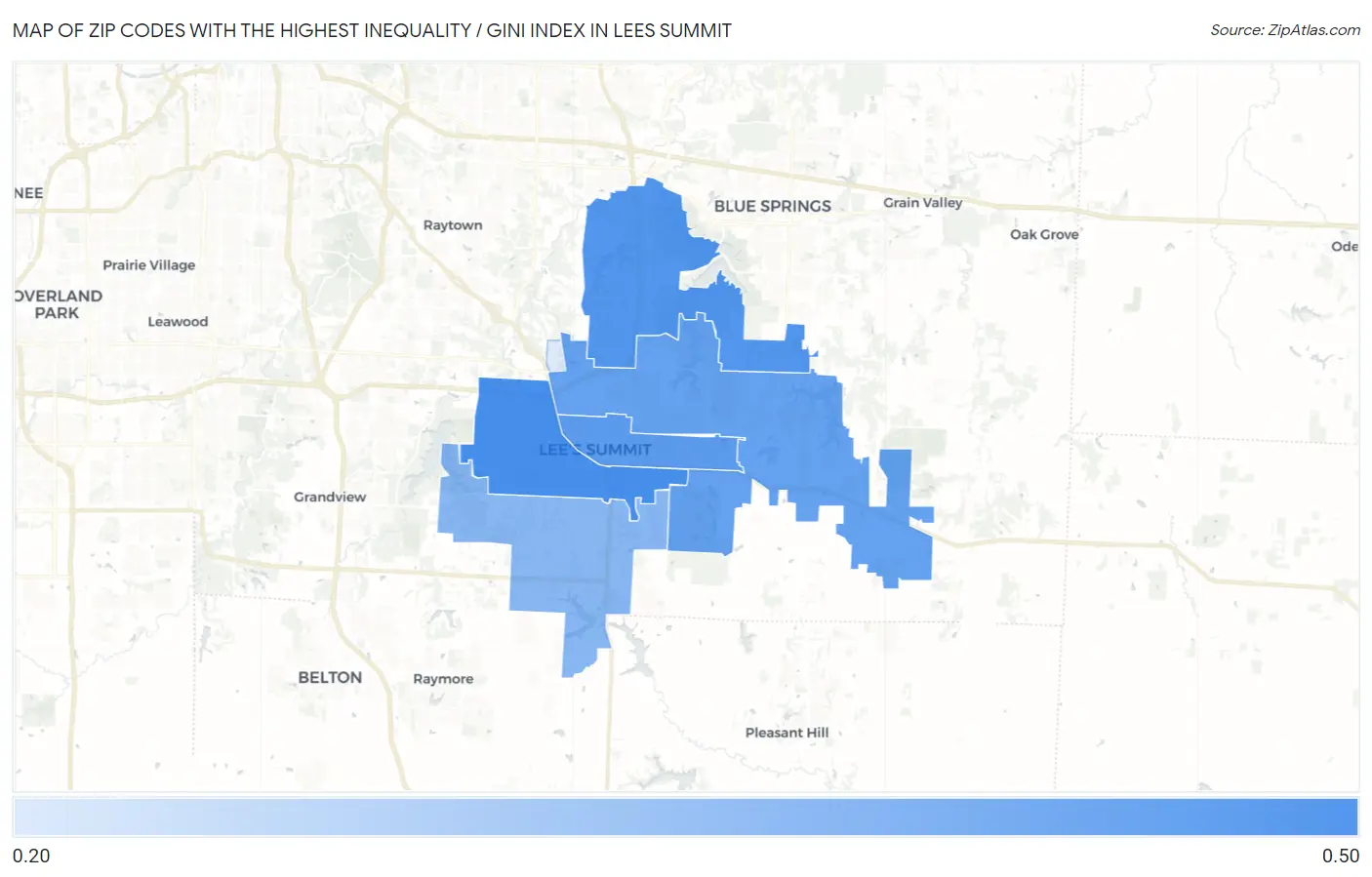 Zip Codes with the Highest Inequality / Gini Index in Lees Summit Map