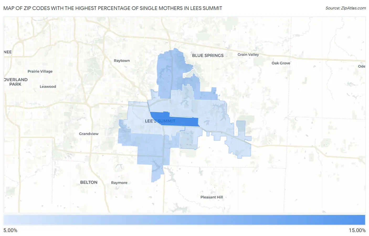 Zip Codes with the Highest Percentage of Single Mothers in Lees Summit Map