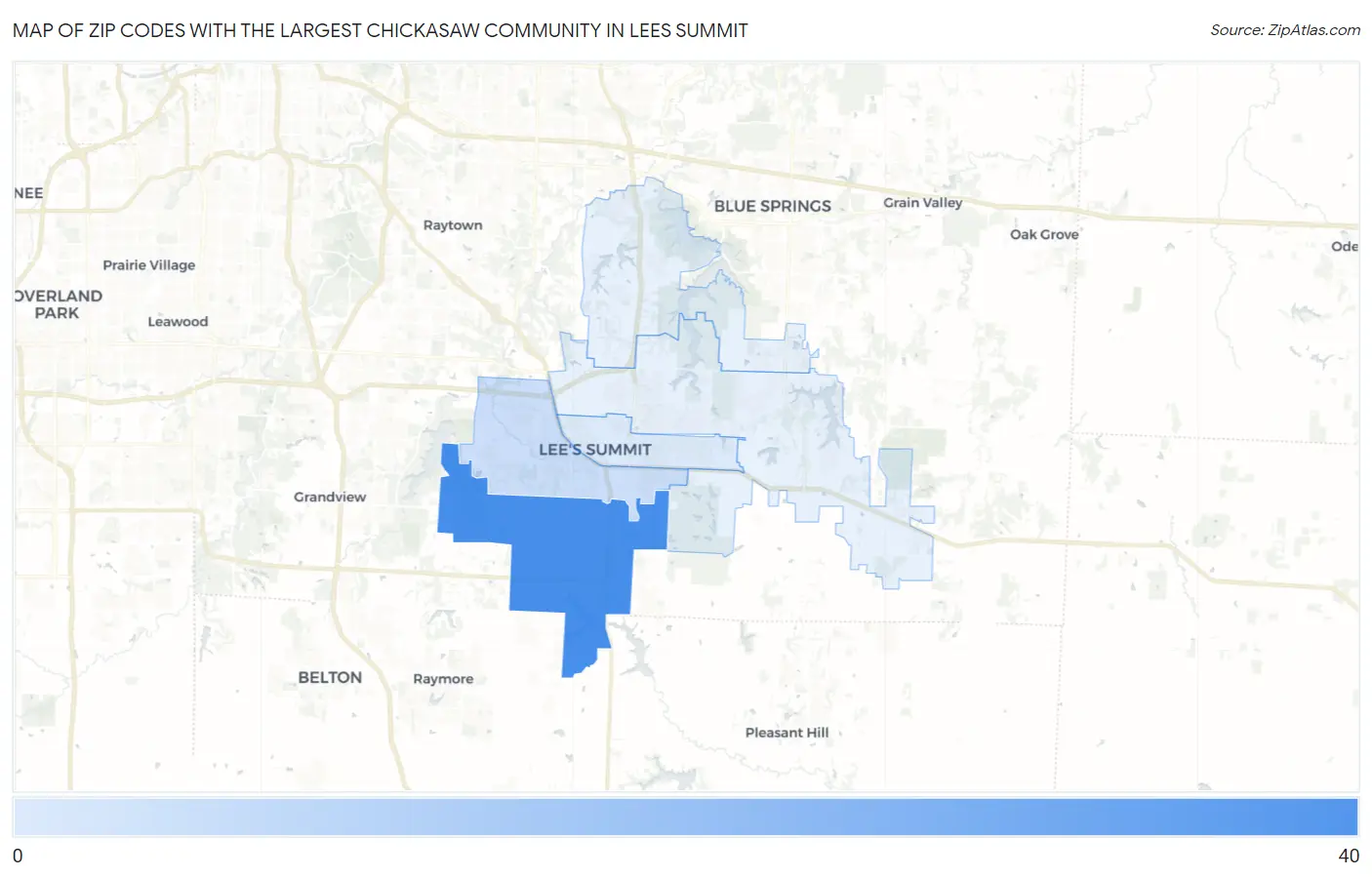 Zip Codes with the Largest Chickasaw Community in Lees Summit Map