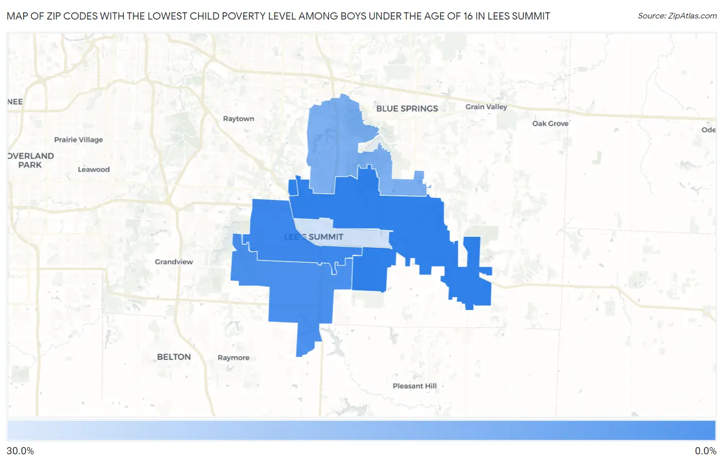 Zip Codes with the Lowest Child Poverty Level Among Boys Under the Age of 16 in Lees Summit Map