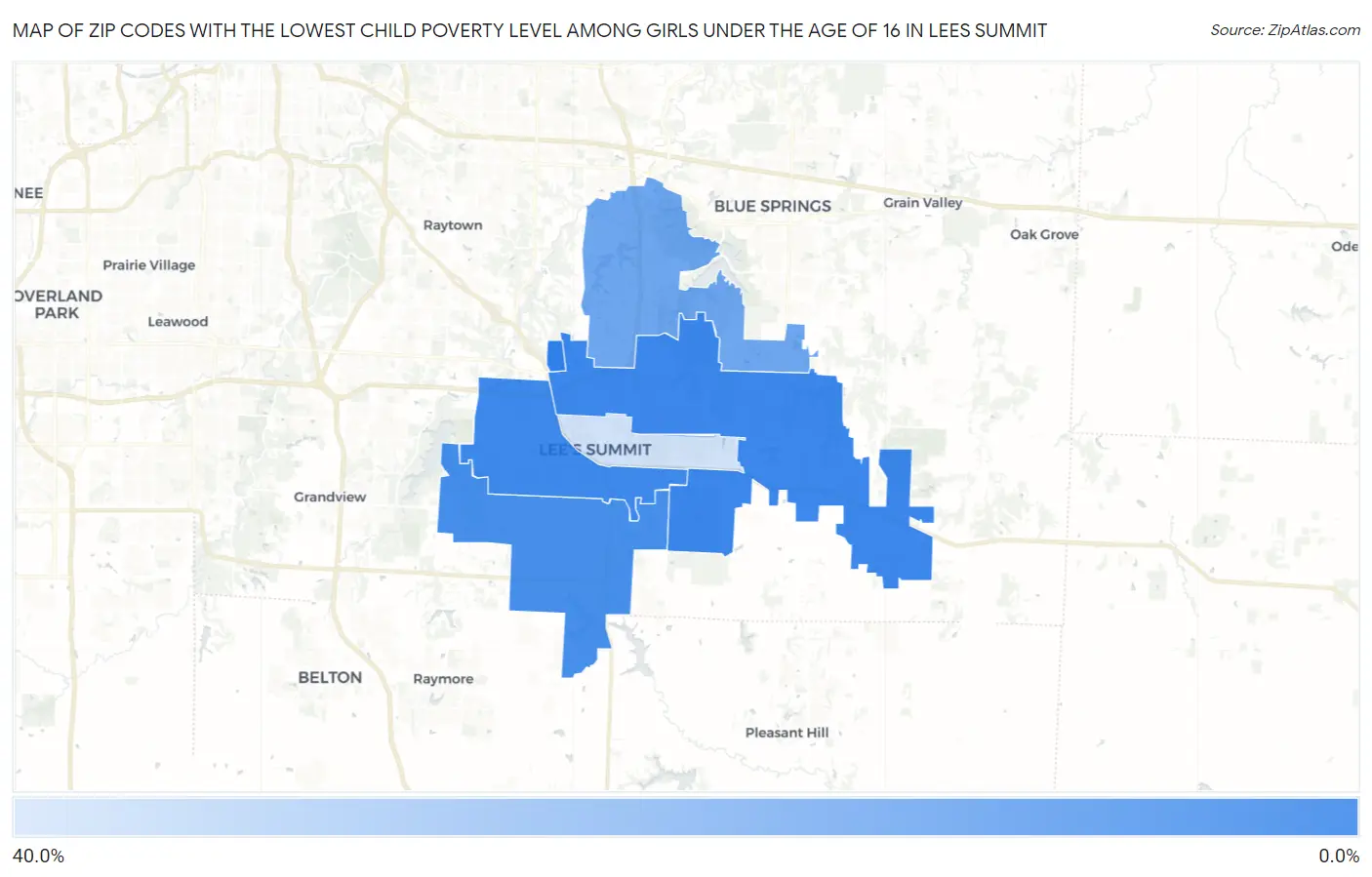 Zip Codes with the Lowest Child Poverty Level Among Girls Under the Age of 16 in Lees Summit Map