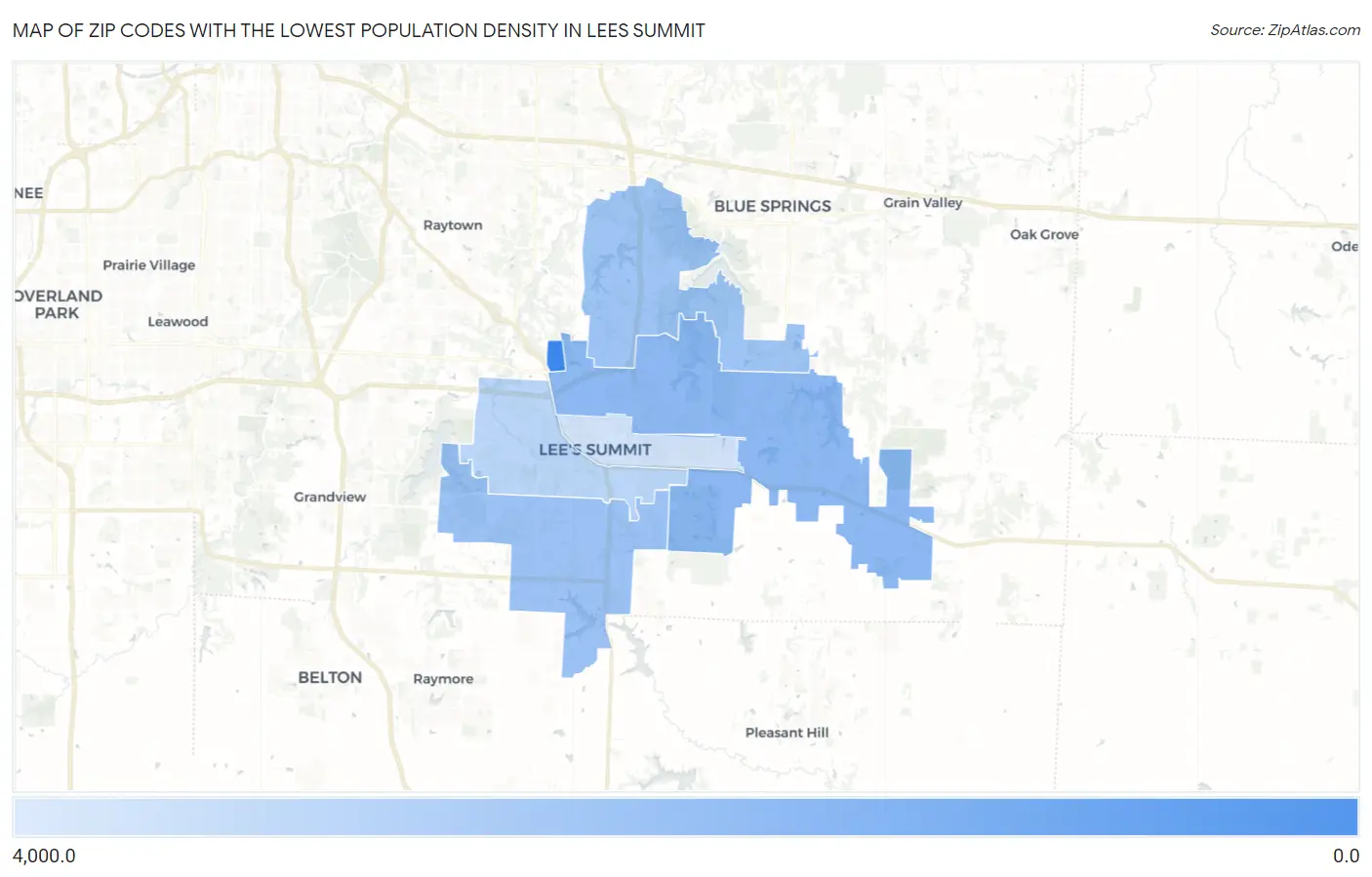 Zip Codes with the Lowest Population Density in Lees Summit Map