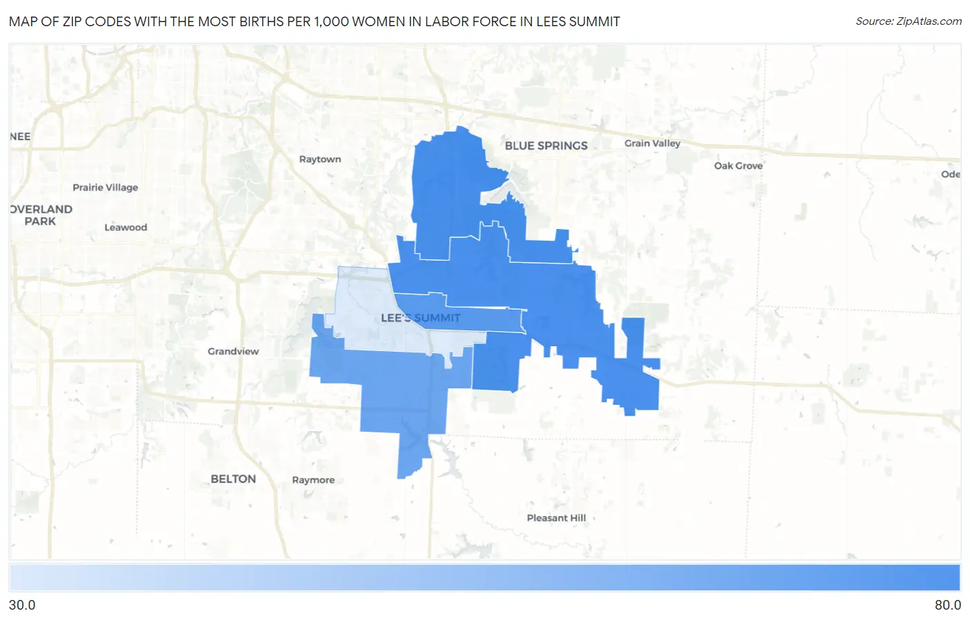 Zip Codes with the Most Births per 1,000 Women in Labor Force in Lees Summit Map
