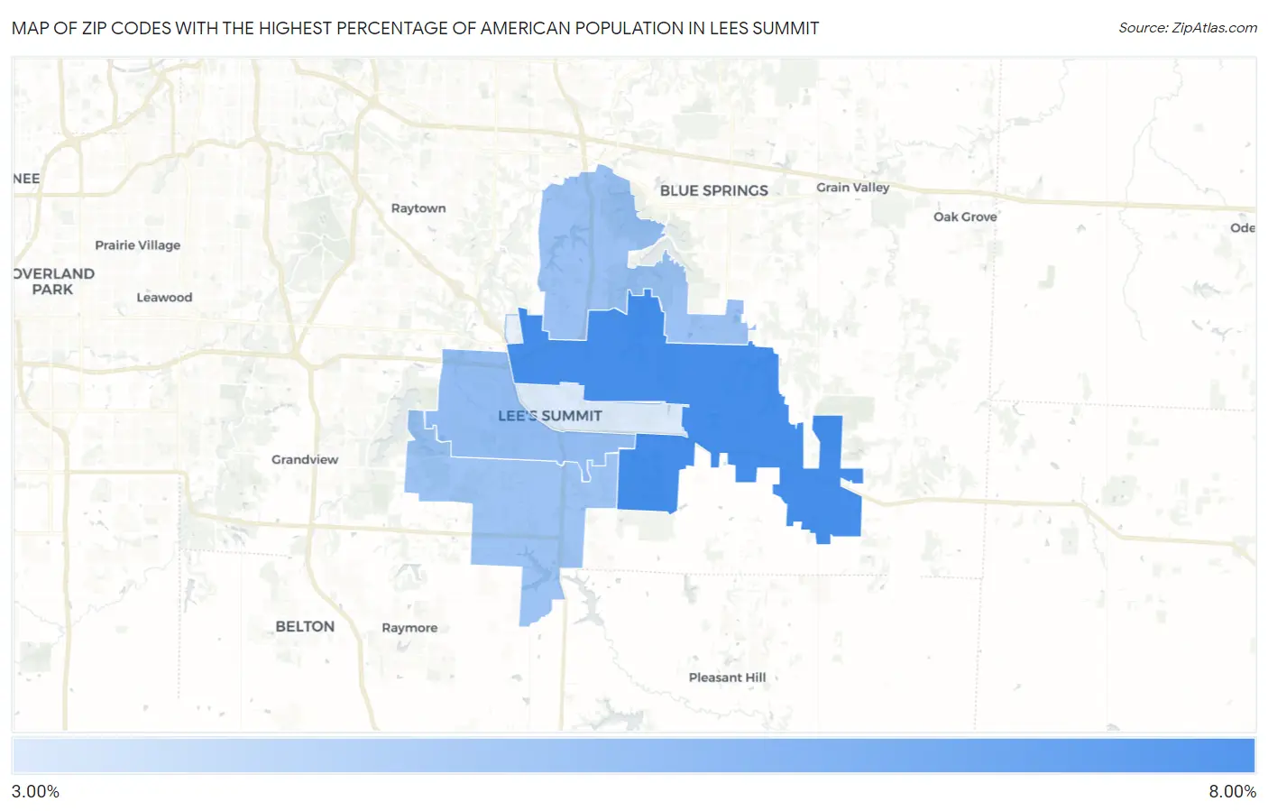 Zip Codes with the Highest Percentage of American Population in Lees Summit Map