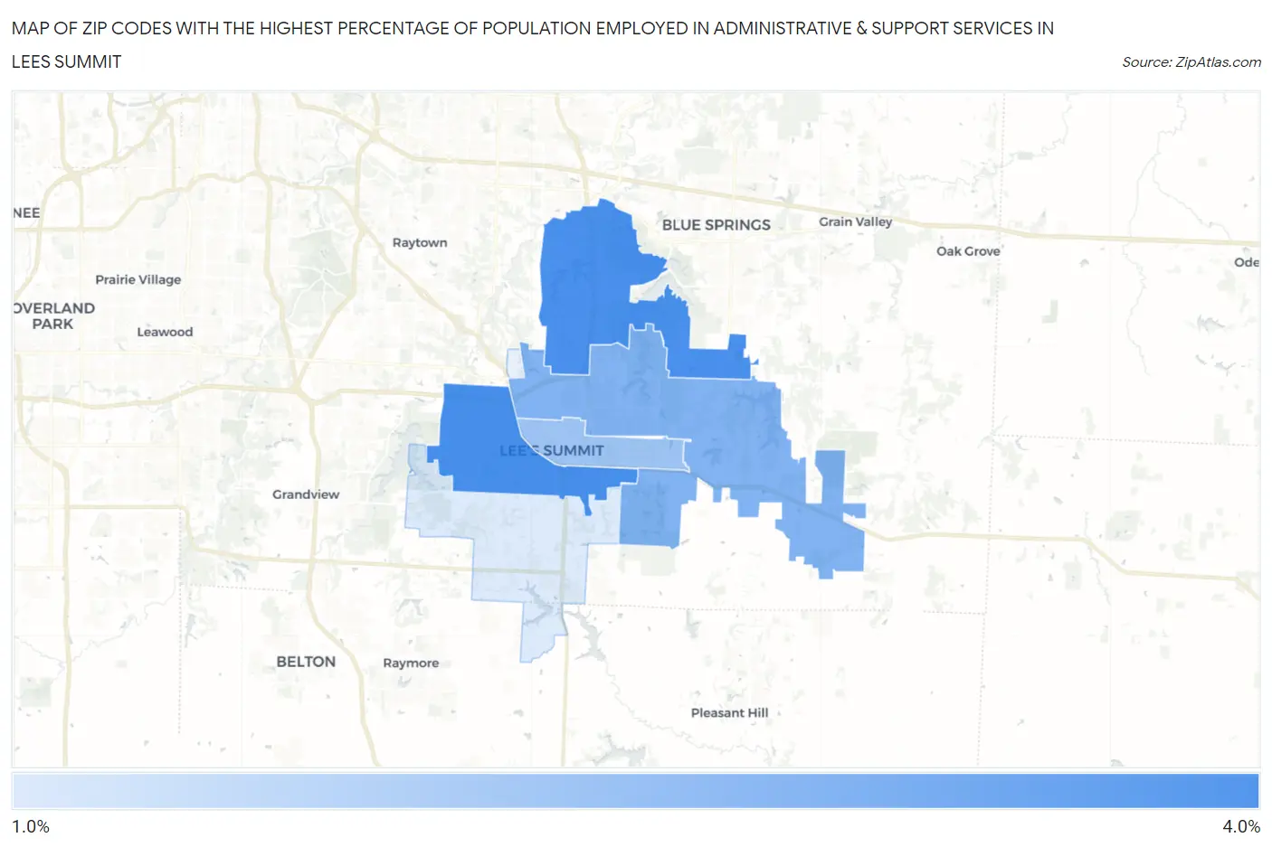 Zip Codes with the Highest Percentage of Population Employed in Administrative & Support Services in Lees Summit Map