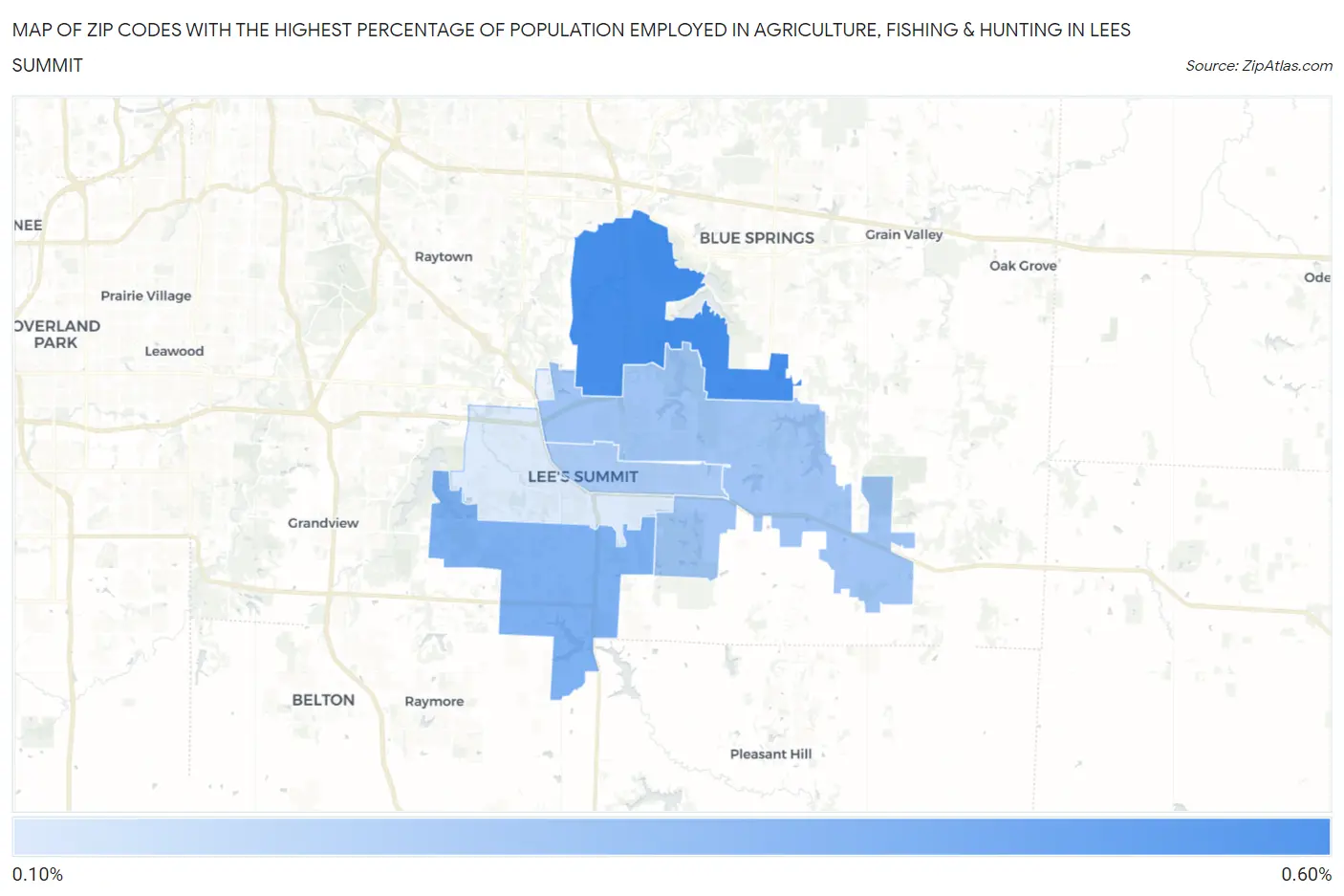 Zip Codes with the Highest Percentage of Population Employed in Agriculture, Fishing & Hunting in Lees Summit Map