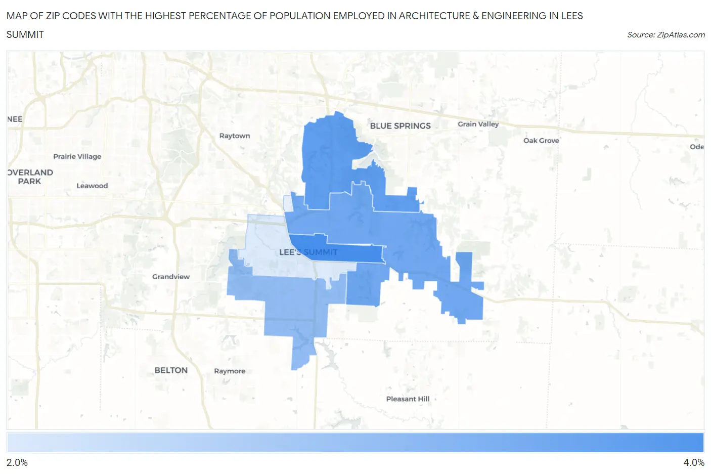 Zip Codes with the Highest Percentage of Population Employed in Architecture & Engineering in Lees Summit Map