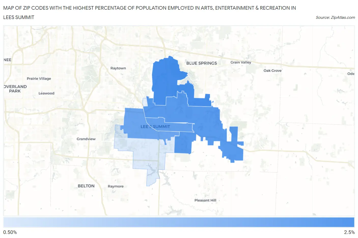 Zip Codes with the Highest Percentage of Population Employed in Arts, Entertainment & Recreation in Lees Summit Map
