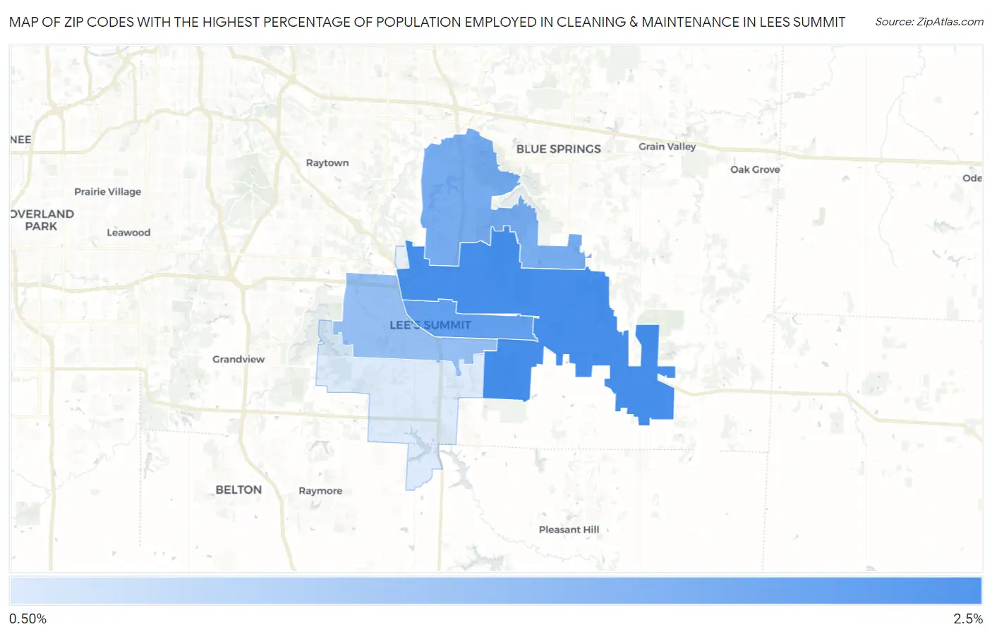 Zip Codes with the Highest Percentage of Population Employed in Cleaning & Maintenance in Lees Summit Map