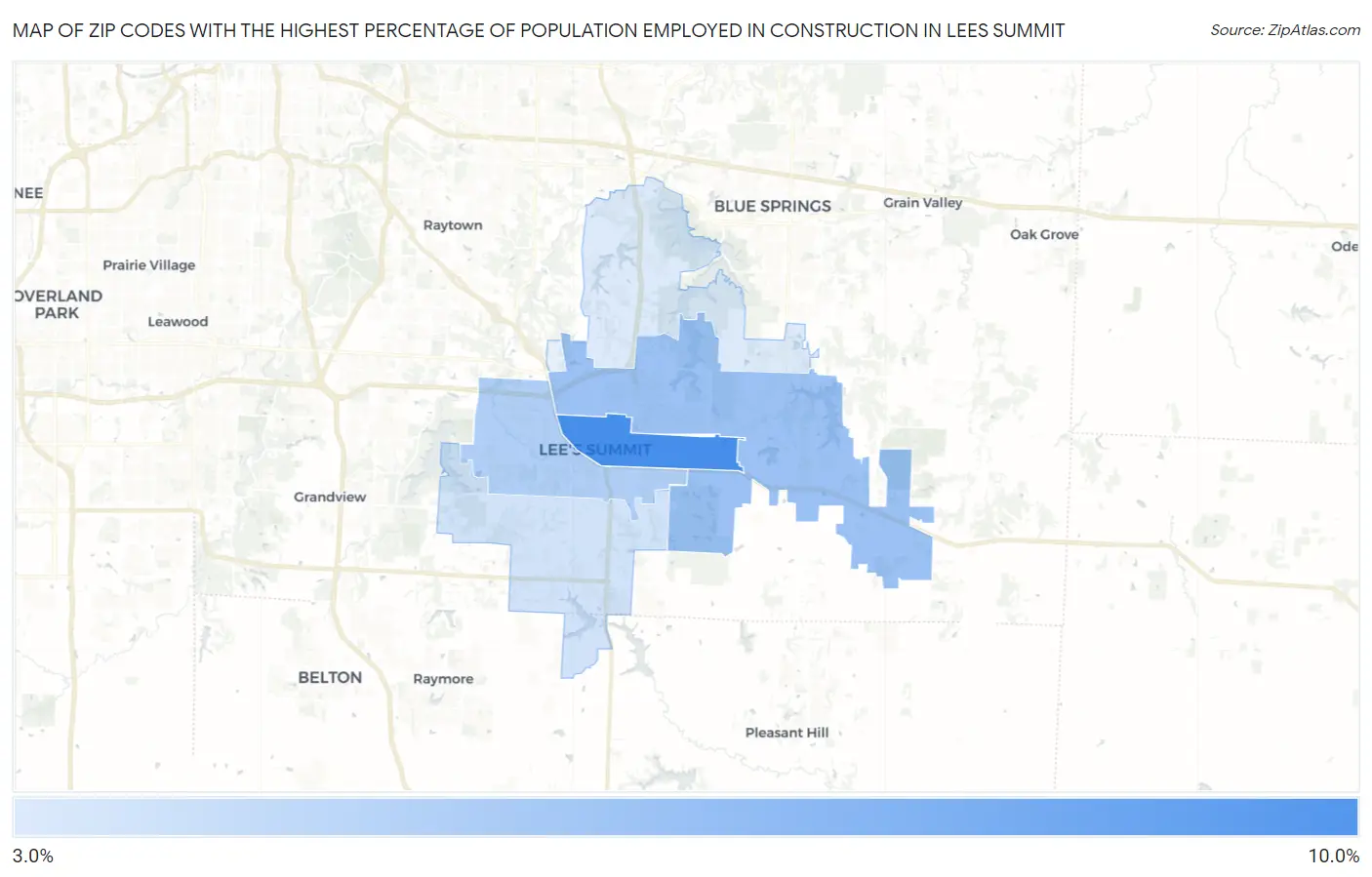 Zip Codes with the Highest Percentage of Population Employed in Construction in Lees Summit Map