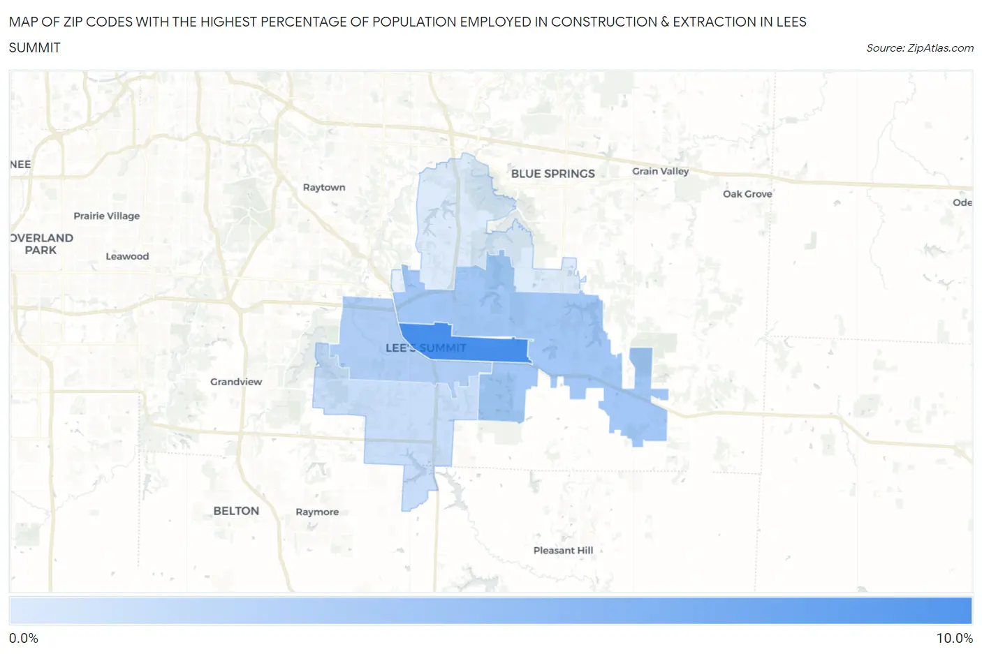 Zip Codes with the Highest Percentage of Population Employed in Construction & Extraction in Lees Summit Map