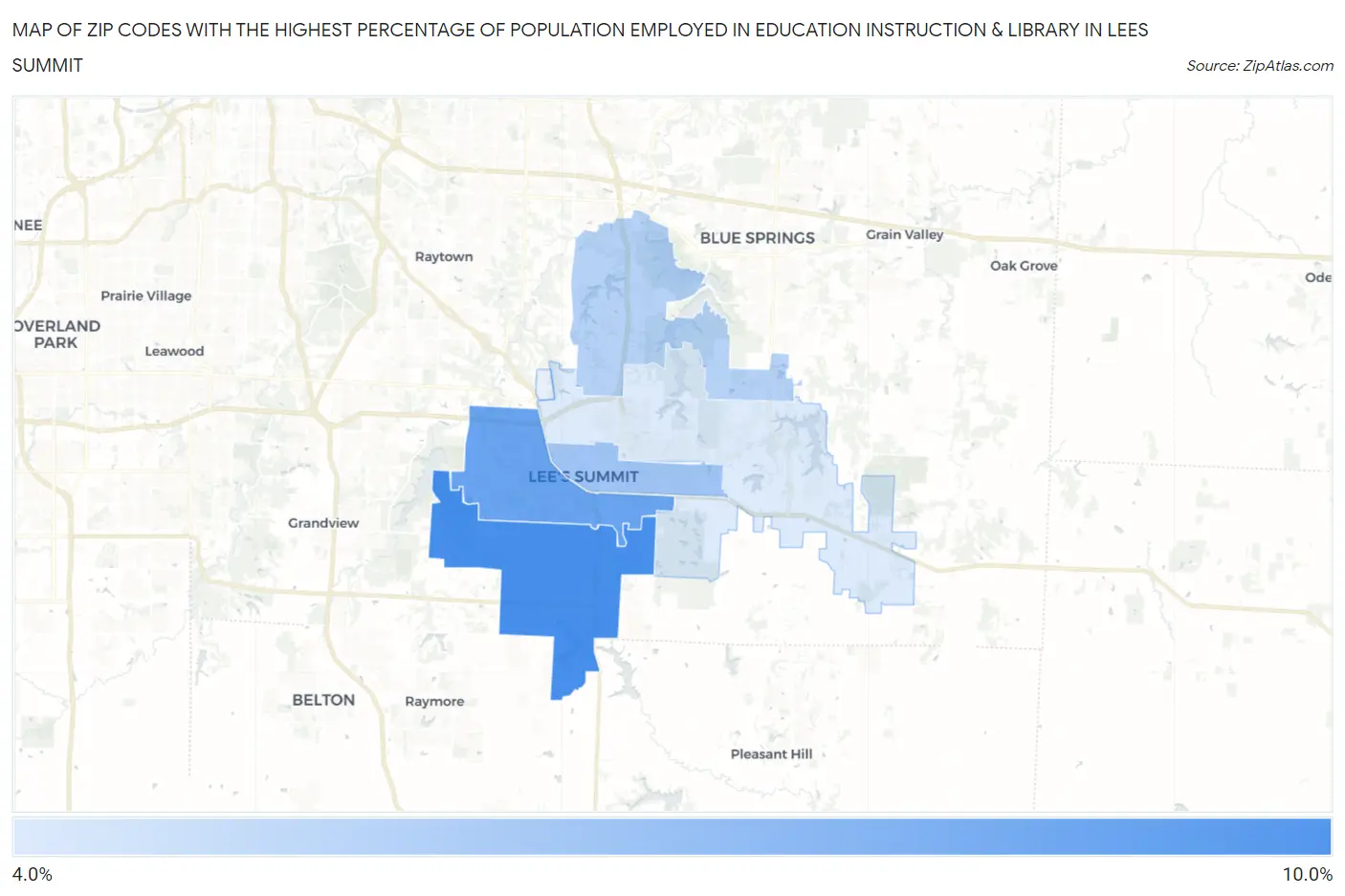 Zip Codes with the Highest Percentage of Population Employed in Education Instruction & Library in Lees Summit Map