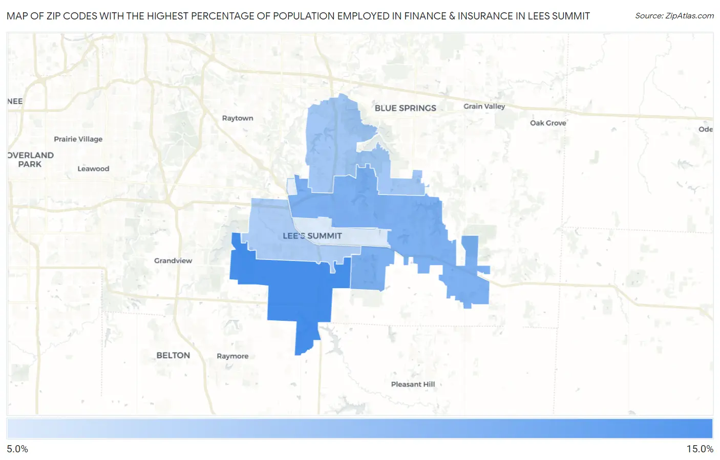 Zip Codes with the Highest Percentage of Population Employed in Finance & Insurance in Lees Summit Map