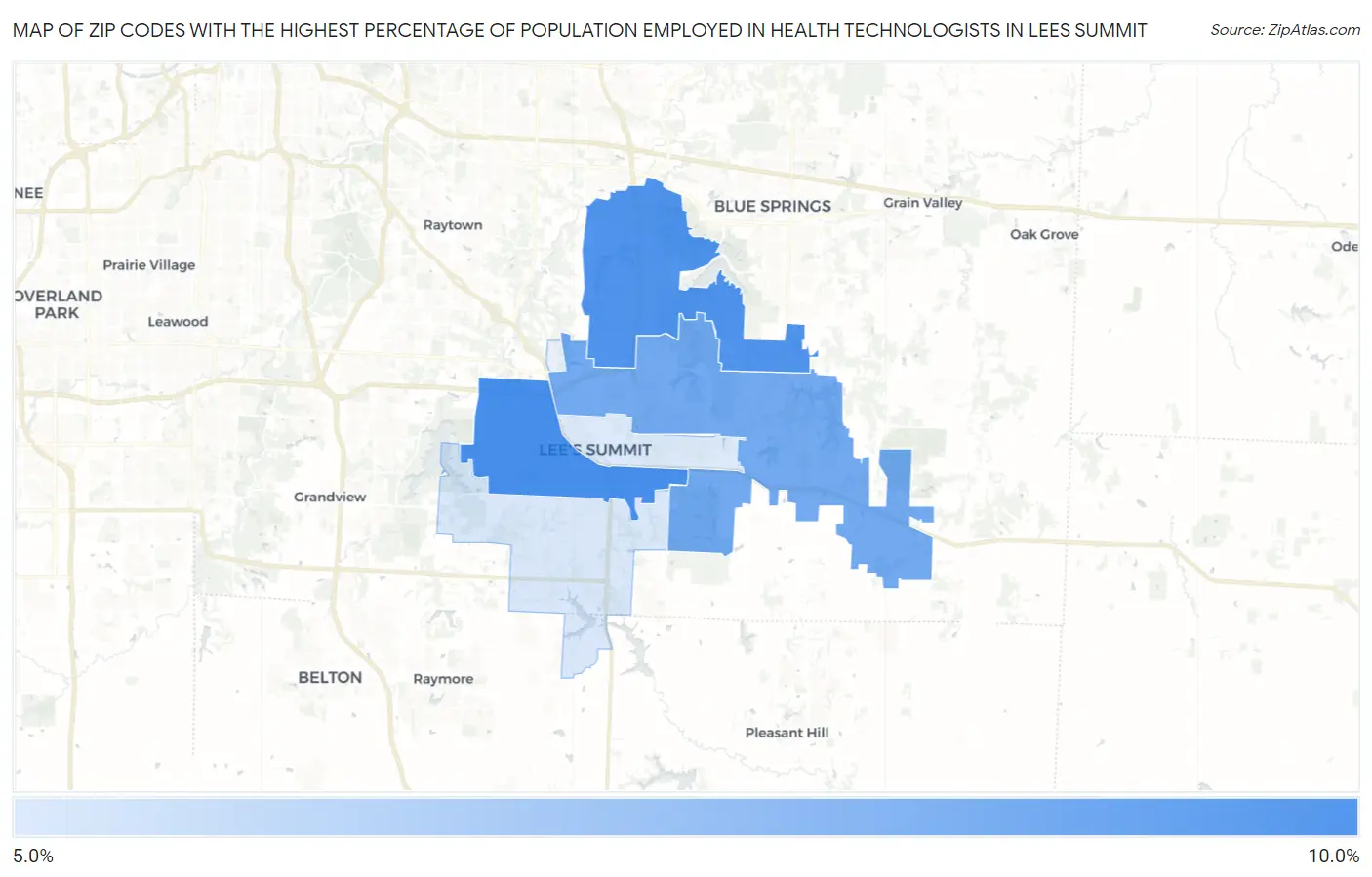 Zip Codes with the Highest Percentage of Population Employed in Health Technologists in Lees Summit Map