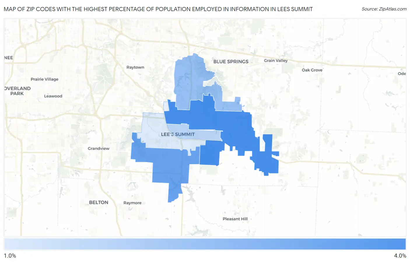 Zip Codes with the Highest Percentage of Population Employed in Information in Lees Summit Map