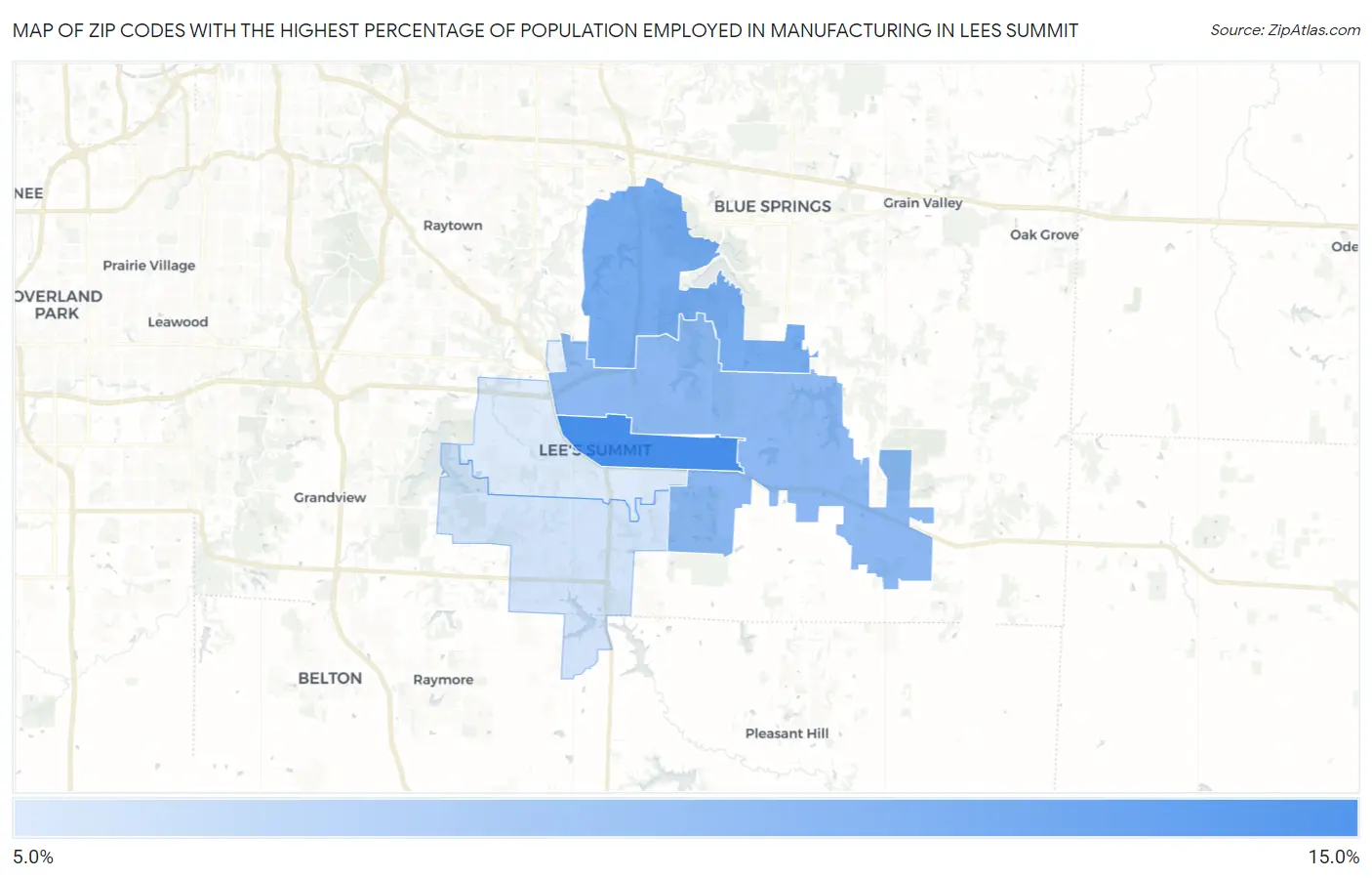 Zip Codes with the Highest Percentage of Population Employed in Manufacturing in Lees Summit Map