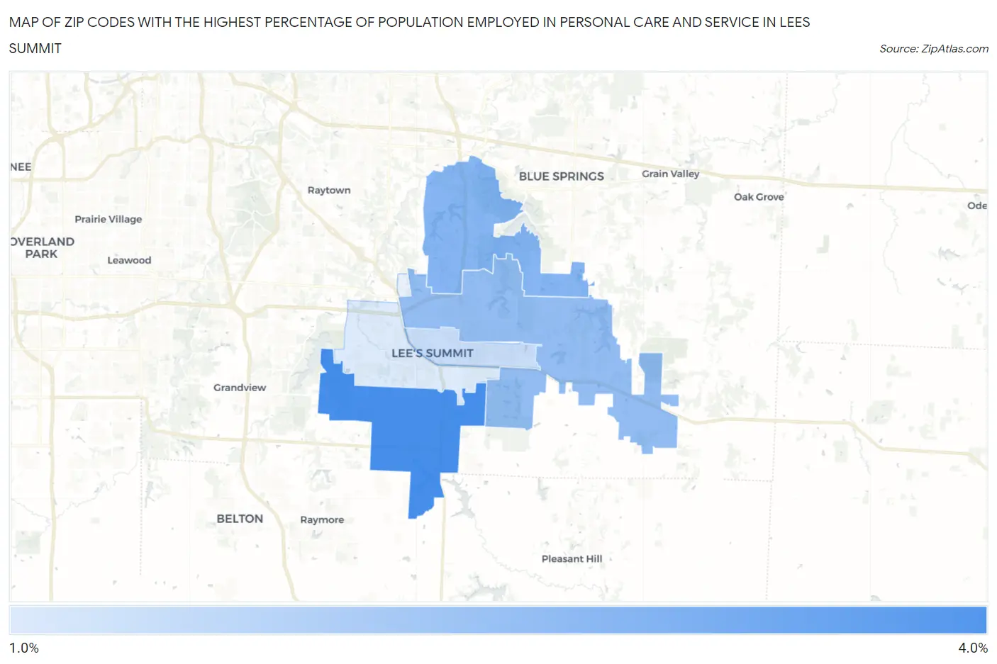 Zip Codes with the Highest Percentage of Population Employed in Personal Care and Service in Lees Summit Map