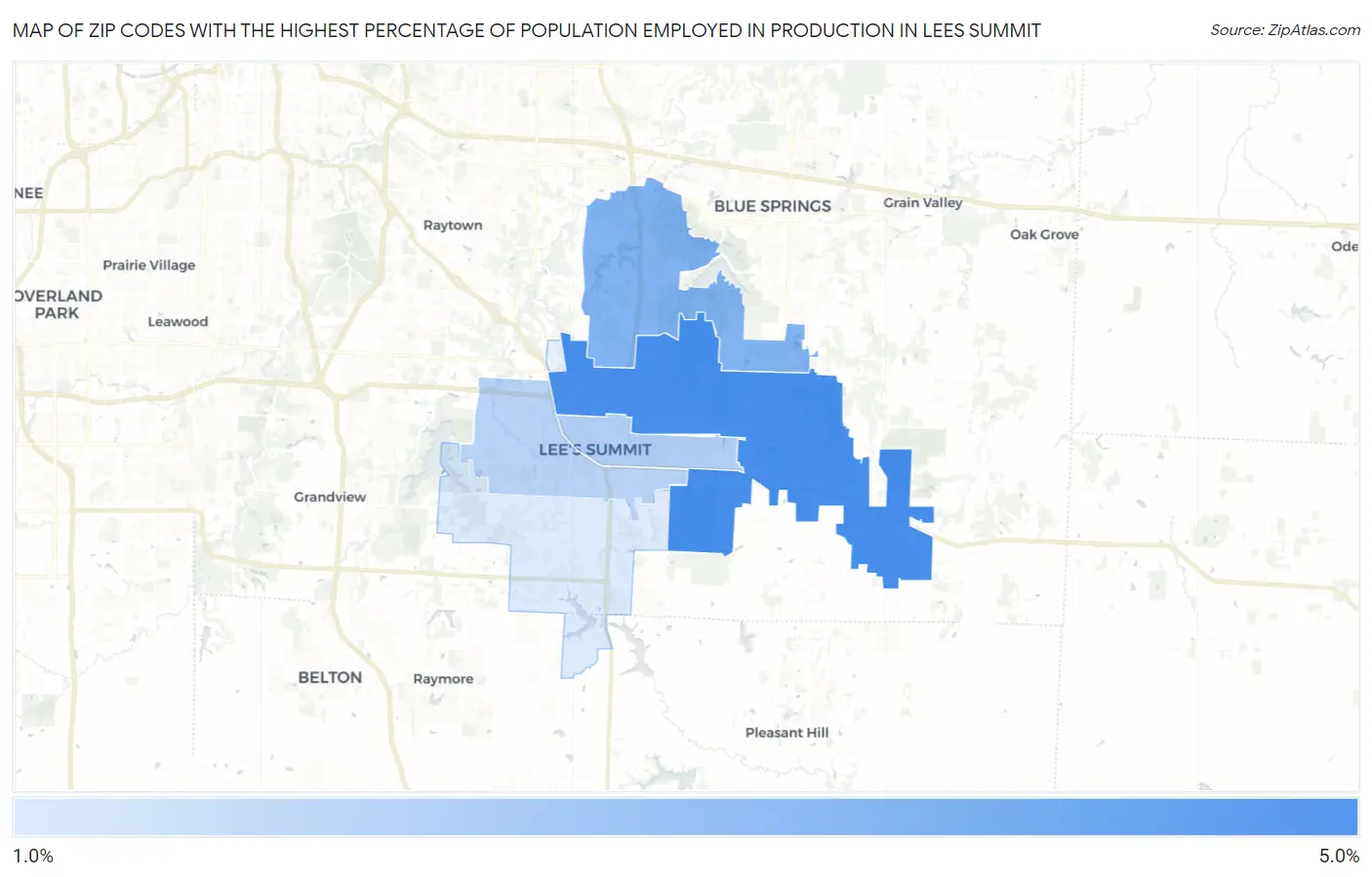 Zip Codes with the Highest Percentage of Population Employed in Production in Lees Summit Map