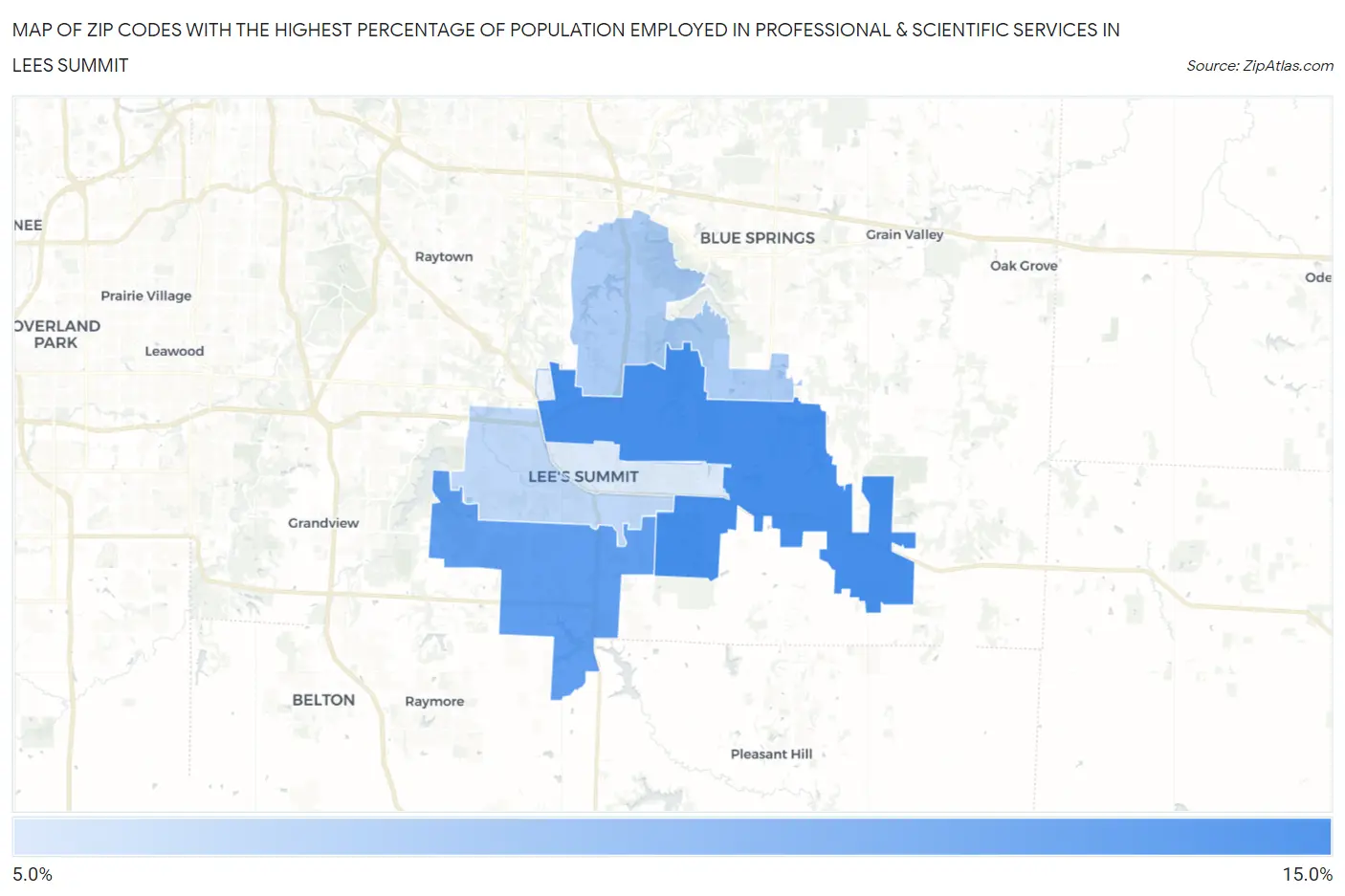 Zip Codes with the Highest Percentage of Population Employed in Professional & Scientific Services in Lees Summit Map