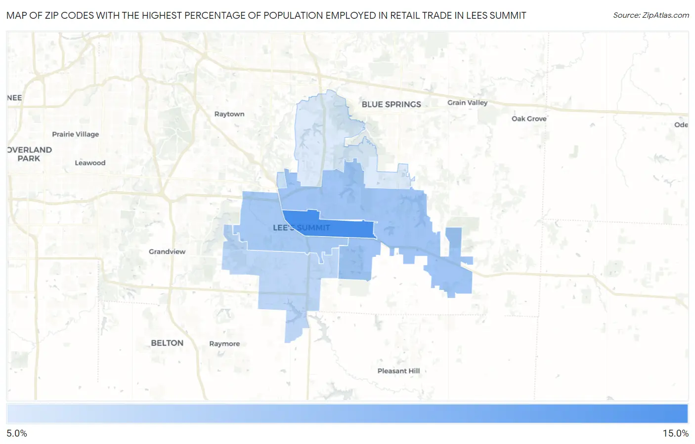Zip Codes with the Highest Percentage of Population Employed in Retail Trade in Lees Summit Map