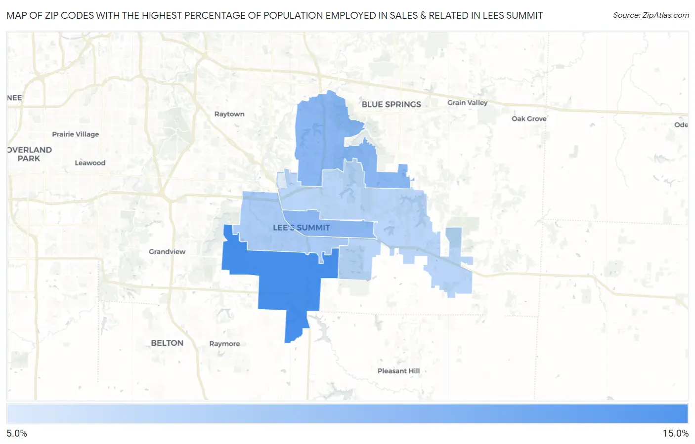 Zip Codes with the Highest Percentage of Population Employed in Sales & Related in Lees Summit Map