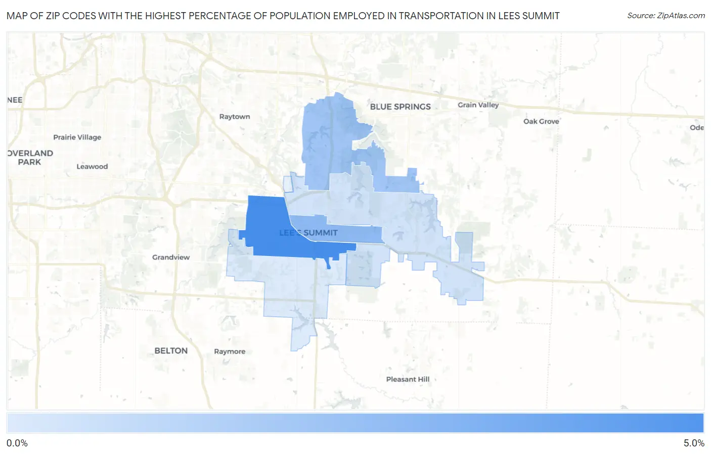 Zip Codes with the Highest Percentage of Population Employed in Transportation in Lees Summit Map