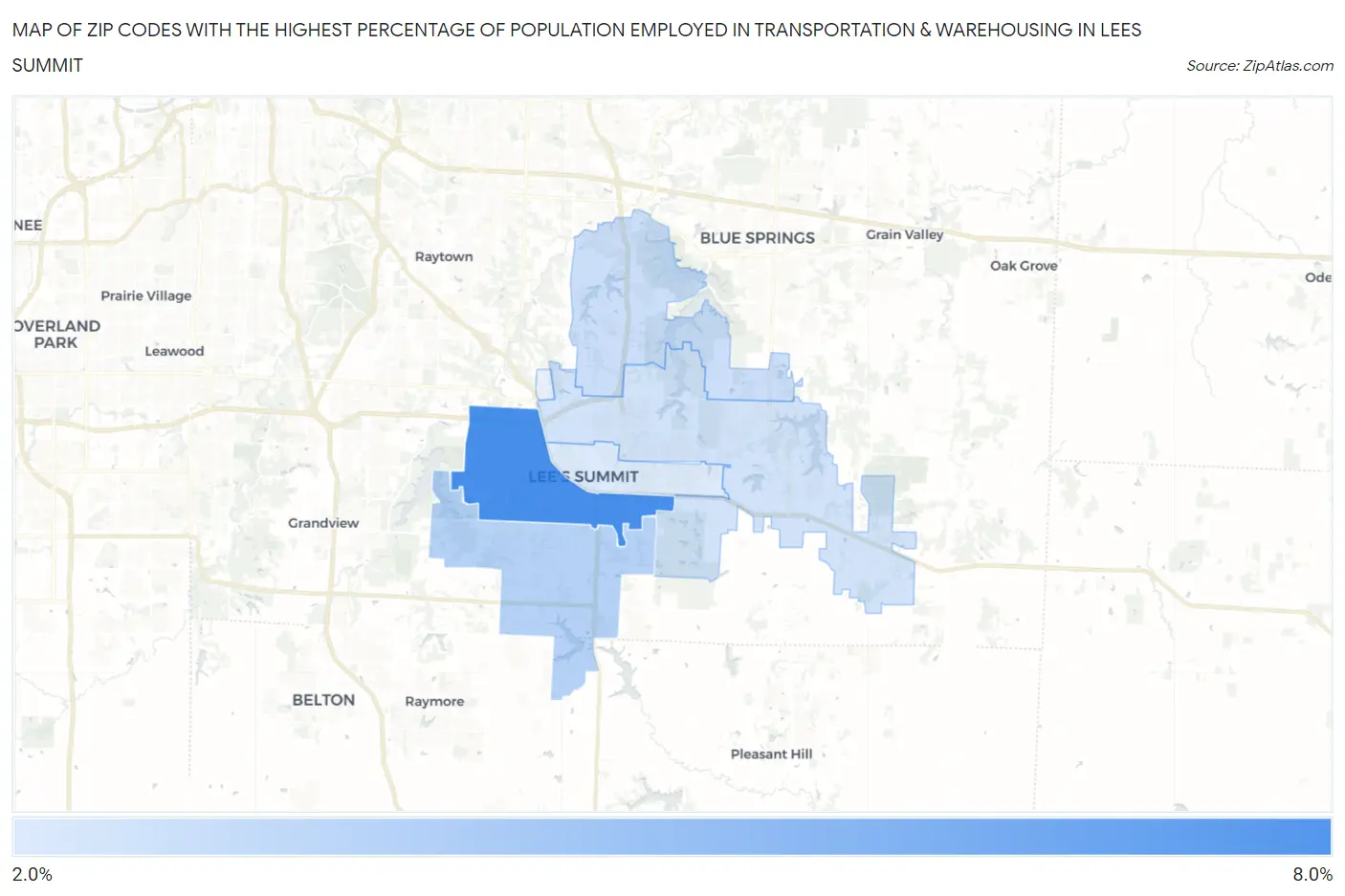 Zip Codes with the Highest Percentage of Population Employed in Transportation & Warehousing in Lees Summit Map