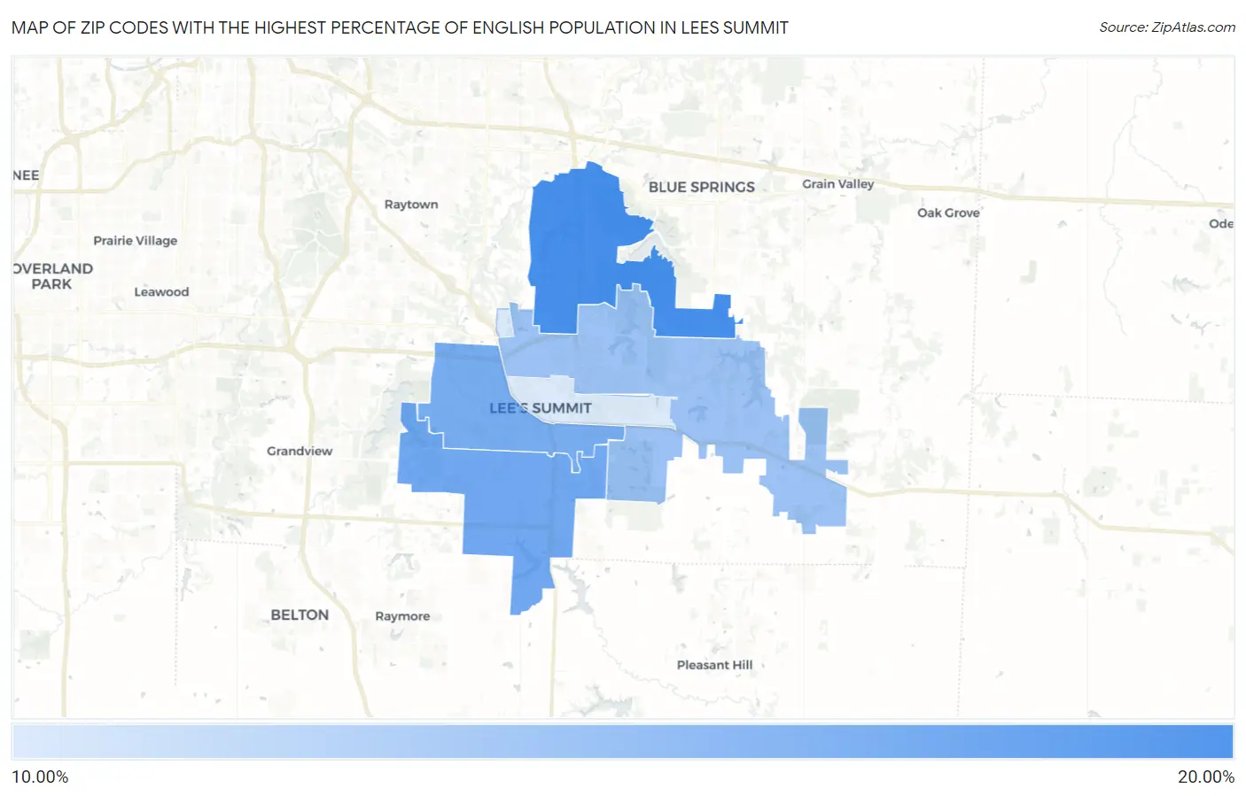 Zip Codes with the Highest Percentage of English Population in Lees Summit Map