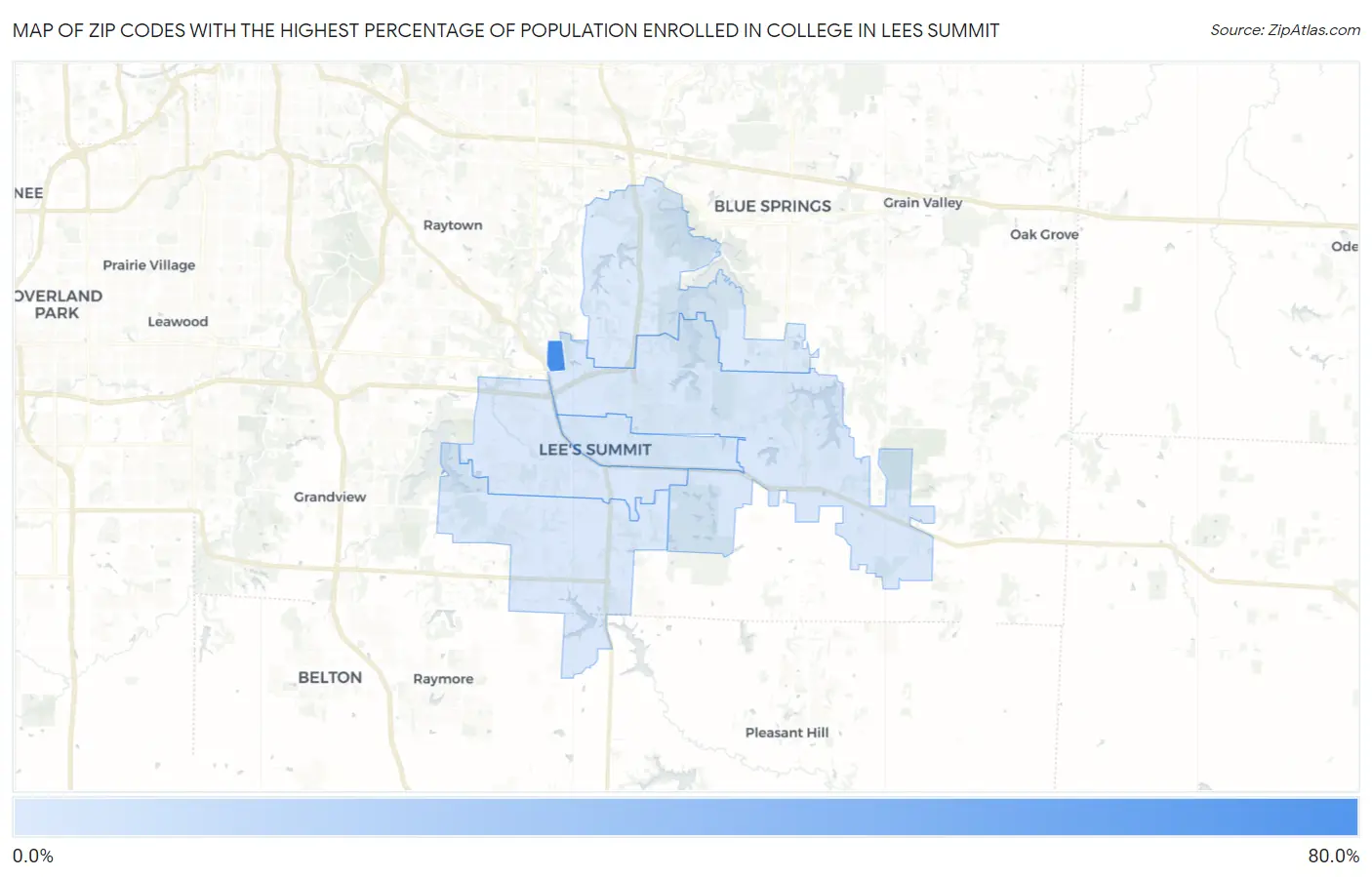 Zip Codes with the Highest Percentage of Population Enrolled in College in Lees Summit Map