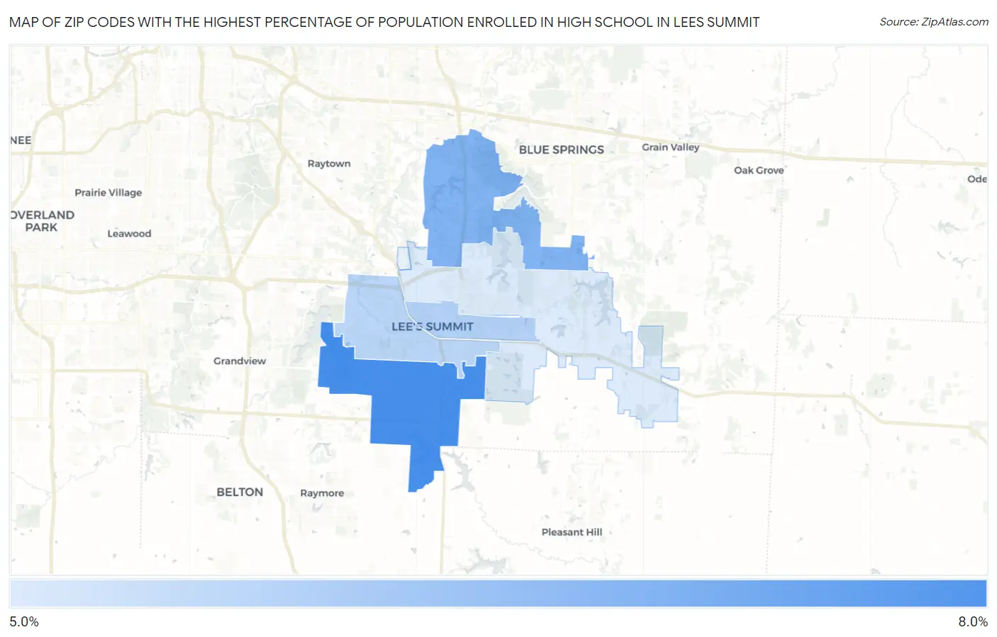 Zip Codes with the Highest Percentage of Population Enrolled in High School in Lees Summit Map