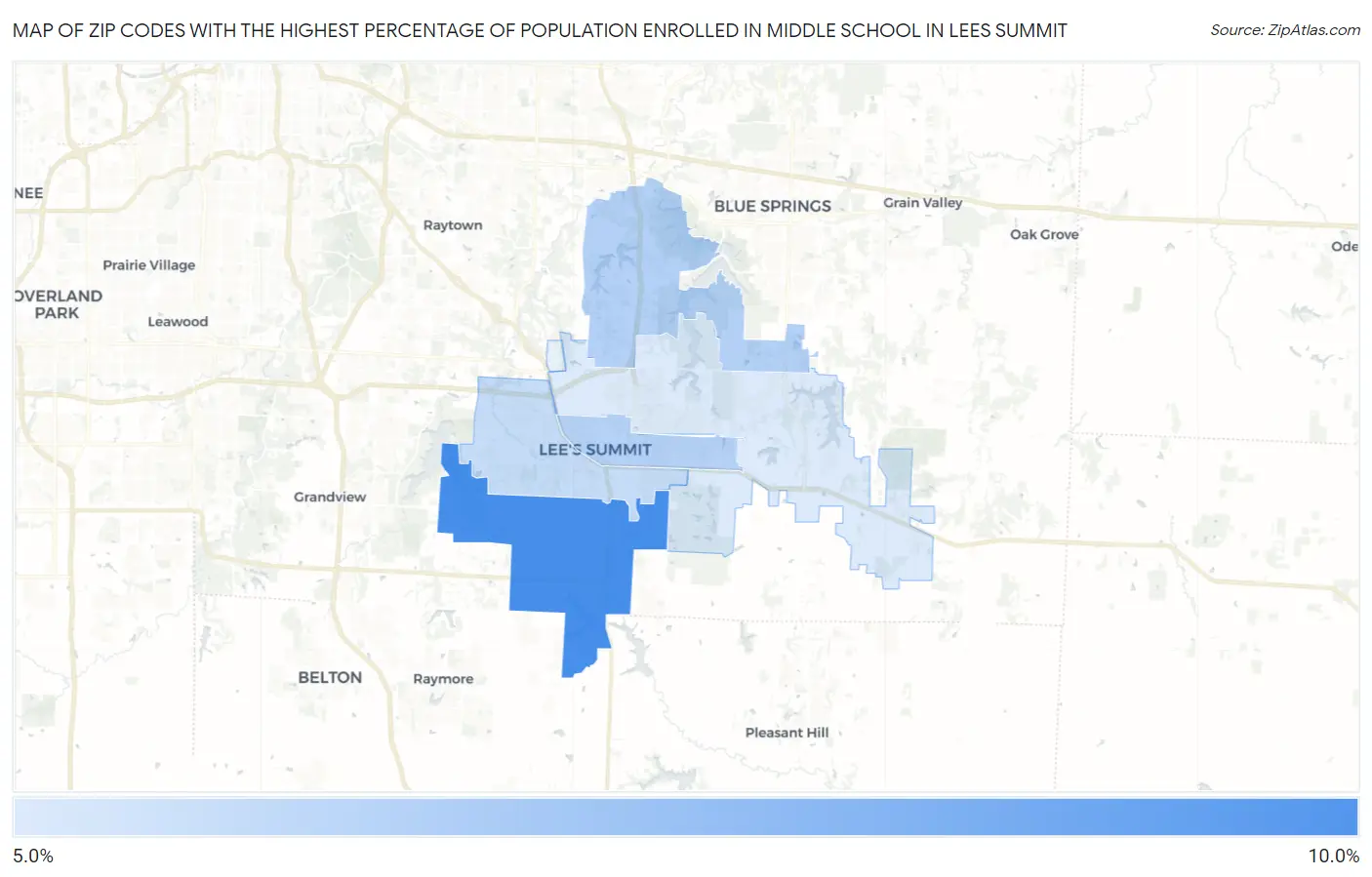 Zip Codes with the Highest Percentage of Population Enrolled in Middle School in Lees Summit Map
