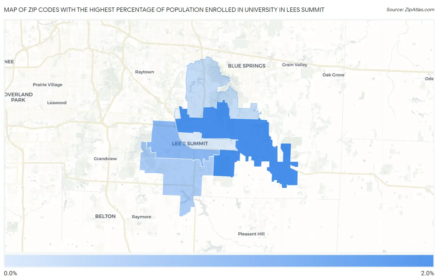 Zip Codes with the Highest Percentage of Population Enrolled in University in Lees Summit Map