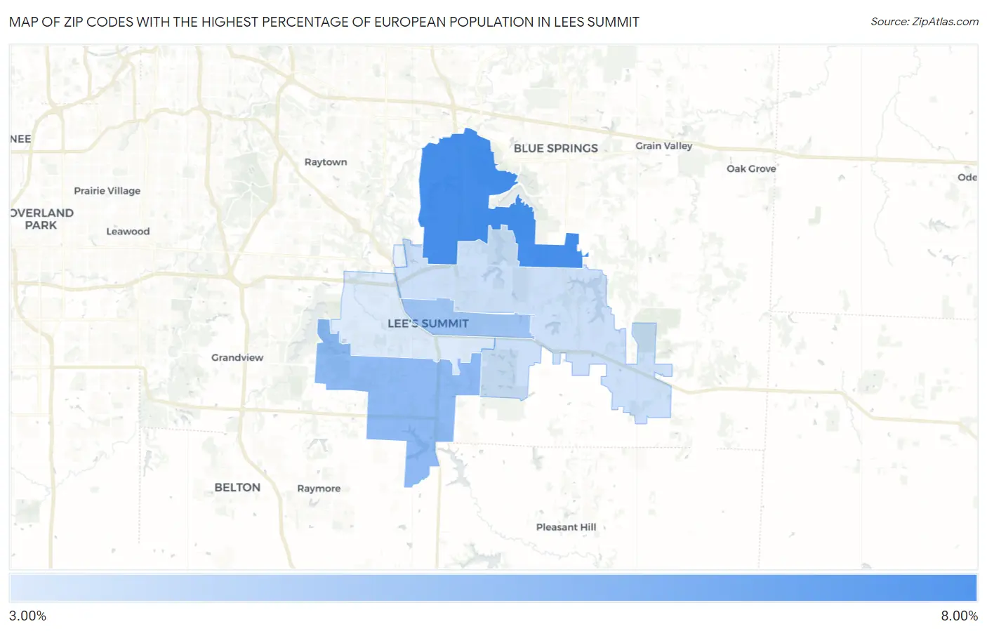 Zip Codes with the Highest Percentage of European Population in Lees Summit Map