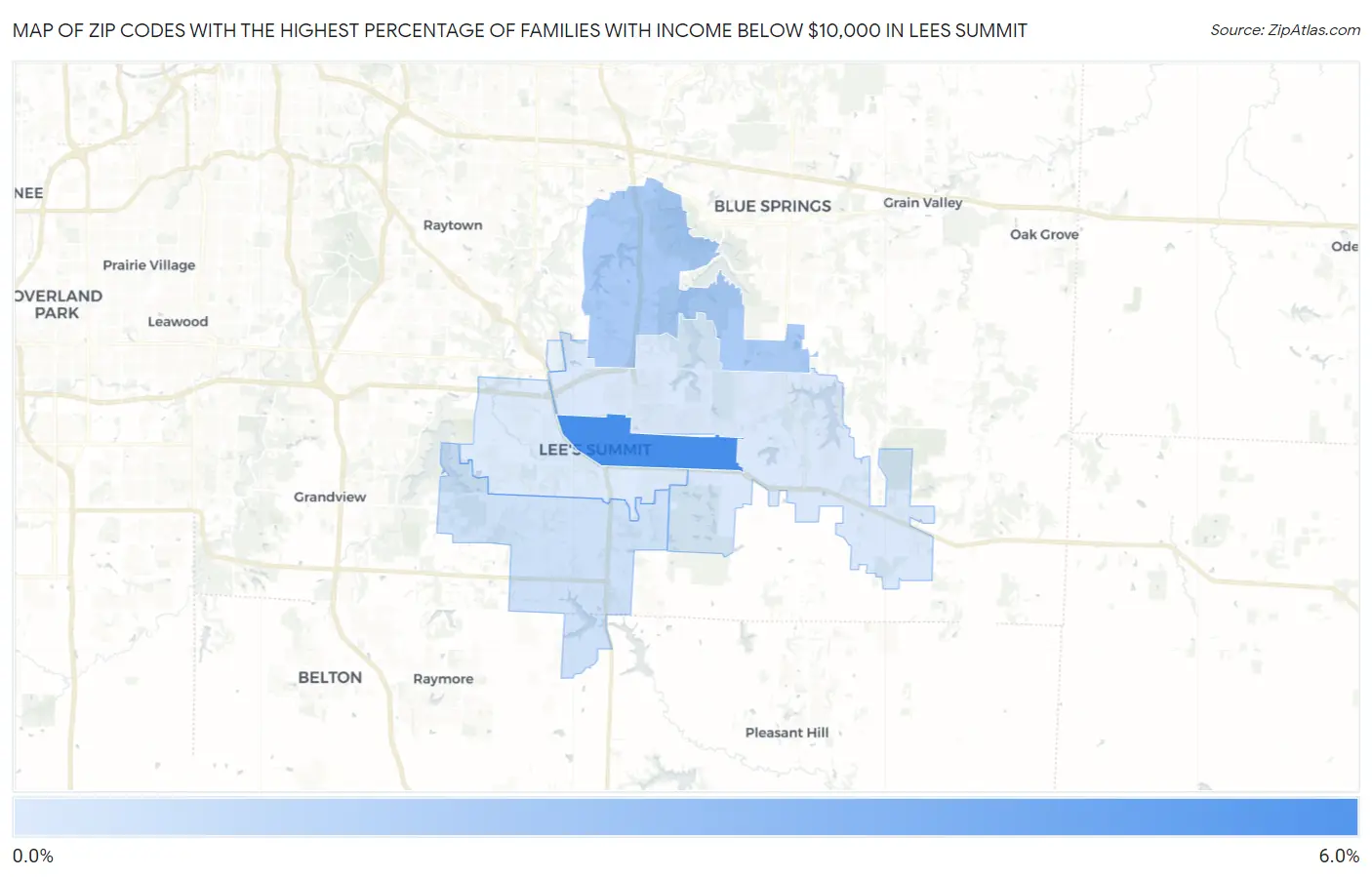 Zip Codes with the Highest Percentage of Families with Income Below $10,000 in Lees Summit Map