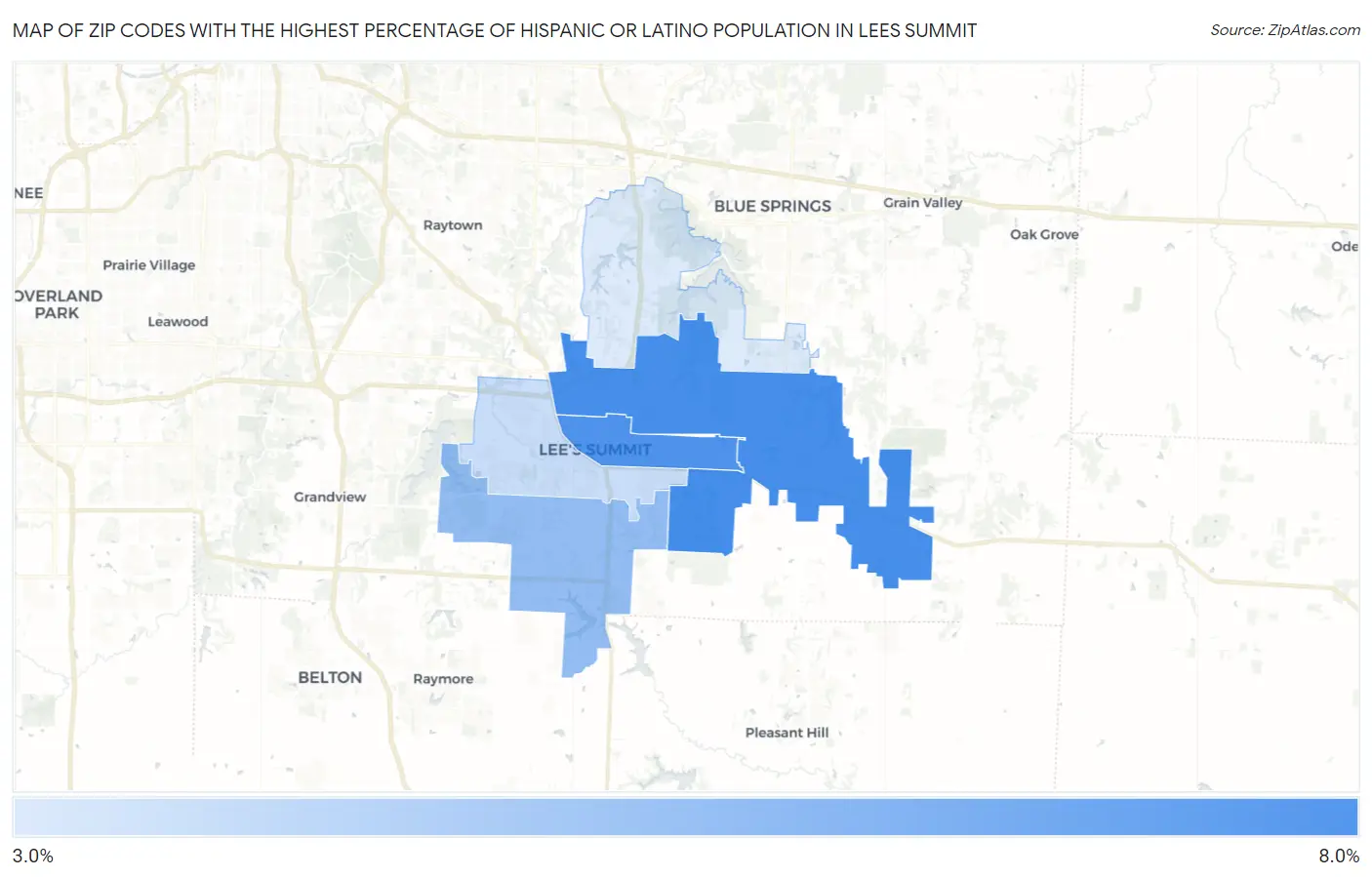 Zip Codes with the Highest Percentage of Hispanic or Latino Population in Lees Summit Map