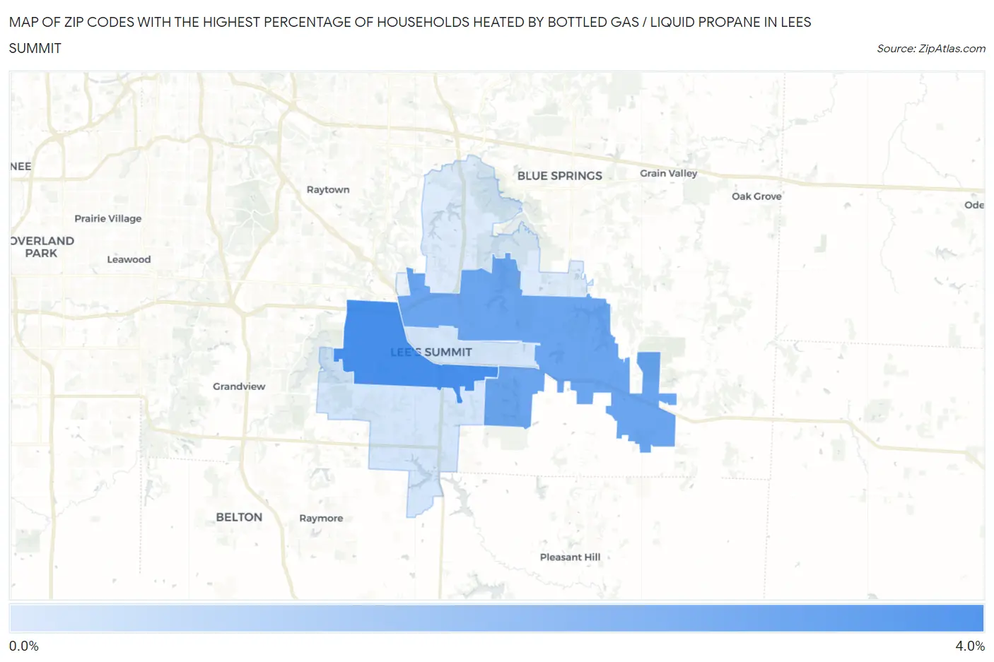 Zip Codes with the Highest Percentage of Households Heated by Bottled Gas / Liquid Propane in Lees Summit Map