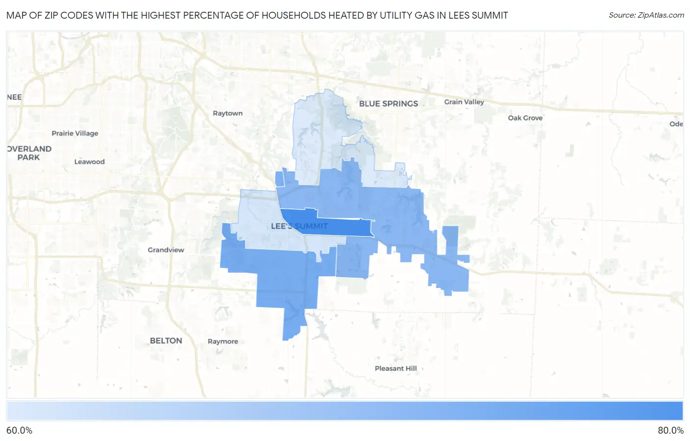 Zip Codes with the Highest Percentage of Households Heated by Utility Gas in Lees Summit Map