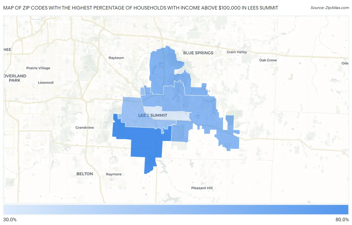 Zip Codes with the Highest Percentage of Households with Income Above $100,000 in Lees Summit Map