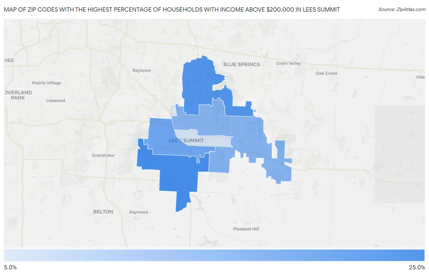 Zip Codes with the Highest Percentage of Households with Income Above $200,000 in Lees Summit Map