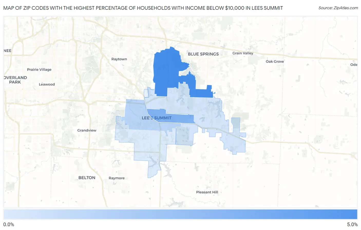 Zip Codes with the Highest Percentage of Households with Income Below $10,000 in Lees Summit Map